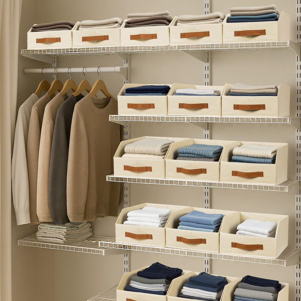 Homsorout Fabric Storage Bins for Organizing - 6 Pack Large Trapezoid Collapsible Storage Bins with Front Handle, Closet Organizers and Storage for Bedroom, Home Shelves, Small Spaces, Beige