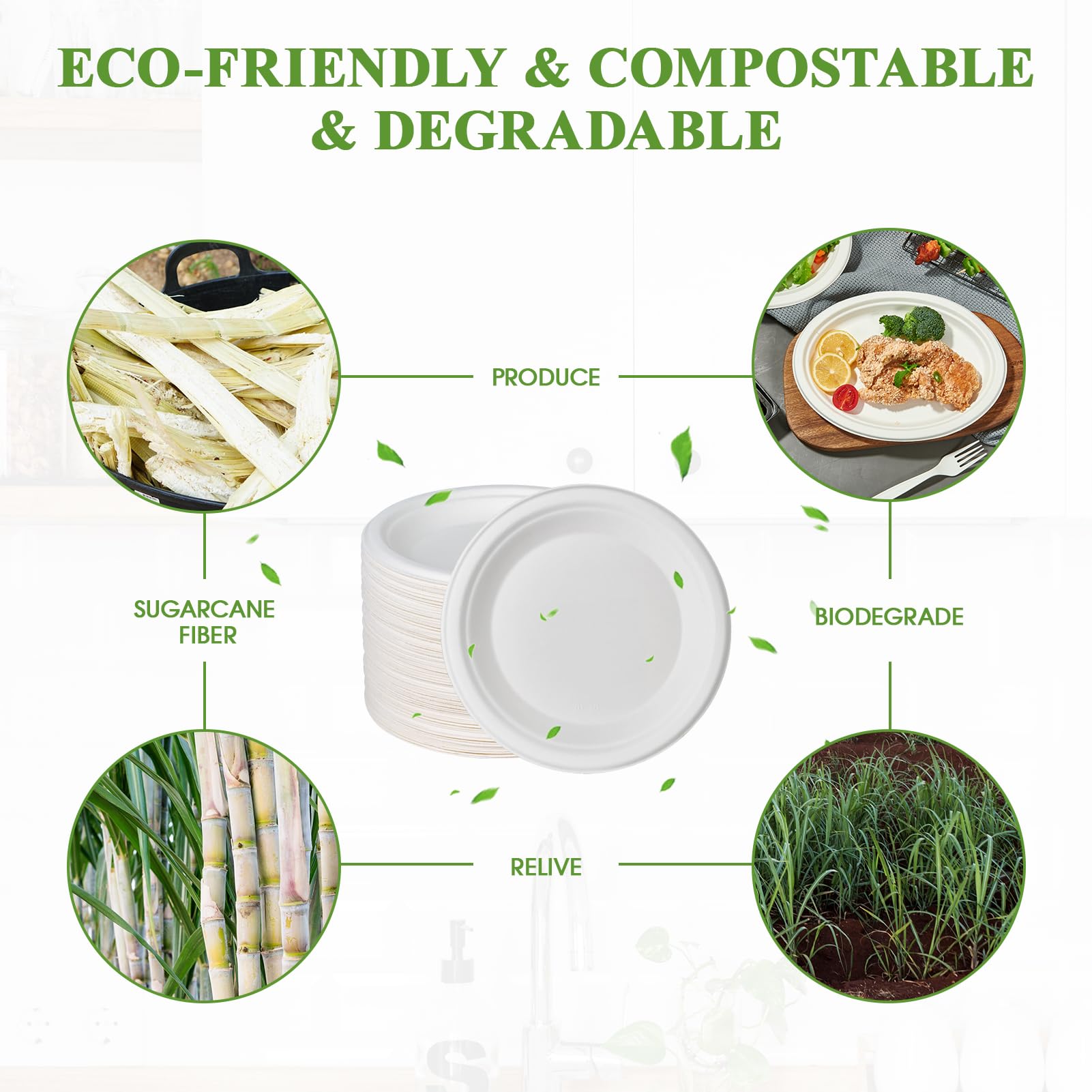 Vplus 150 Pack Paper Plates 9 inch 100% Compostable, Heavy-Duty Disposable Paper Plates Bagasse Natural Biodegradable Eco-Friendly Sugarcane