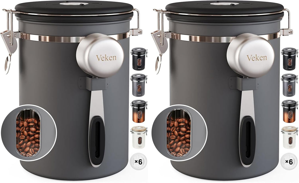 Veken Coffee Canister with Window,Airtight Stainless Steel Kitchen Food Storage Container, Date Tracker & Scoop for Grounds Coffee, Beans, Tea,Flour,Cereal,Sugar,22OZ,Copper