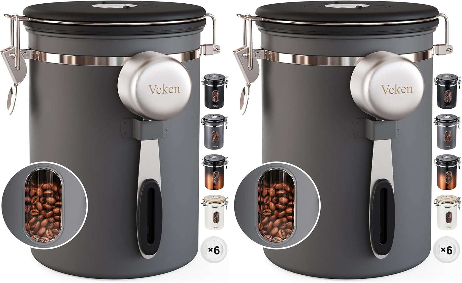 Veken Coffee Canister with Window,Airtight Stainless Steel Kitchen Food Storage Container, Date Tracker & Scoop for Grounds Coffee, Beans, Tea,Flour,Cereal,Sugar,22OZ,Copper