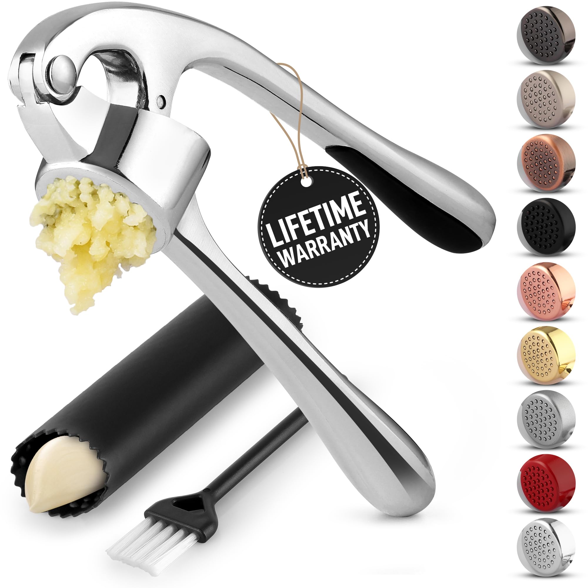 Zulay Kitchen Premium Garlic Press Set - Rust Proof Professional Garlic Mincer Tool - Easy-Squeeze, Easy-Clean with Soft, Ergonomic Handle - Silicone Garlic Peeler & Brush (Silver)