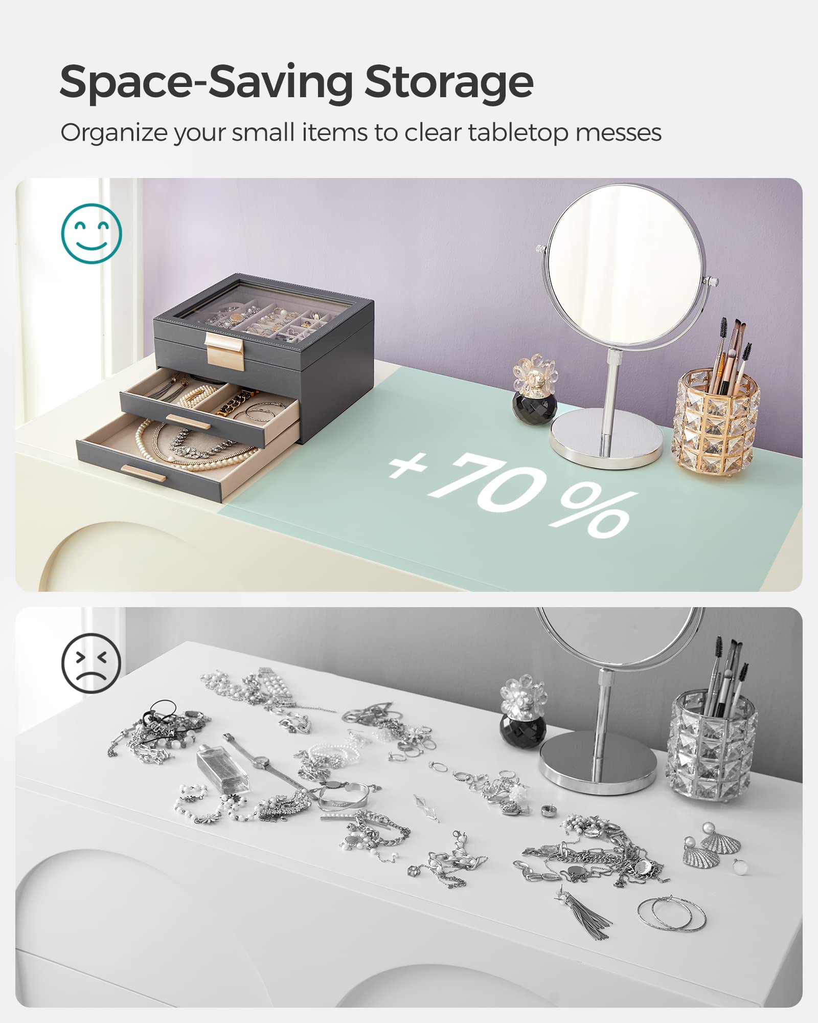SONGMICS GISELLA Collection - Jewelry Box Organizer, 3-Layer Jewelry Storage with 2 Drawers, Shiny Metal Hardware, Glass Lid, Modern, 8 x 9.1 x 5.3 Inches, Cloud White and Gold Color UJBC239WT