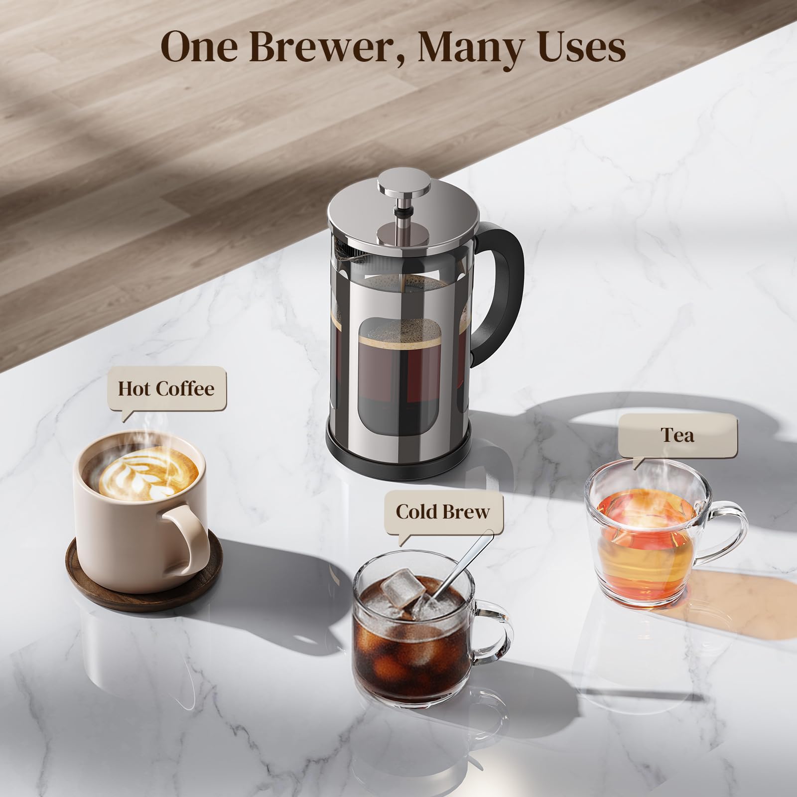 Veken French Press Coffee Maker 21oz 0.6 L, Single Serve Small Pot, Heat Resistant Thickened Borosilicate Glass, Stainless Steel Brewer, Cold Brew Cafetera Teapot for Kitchen Travel Camping, Copper