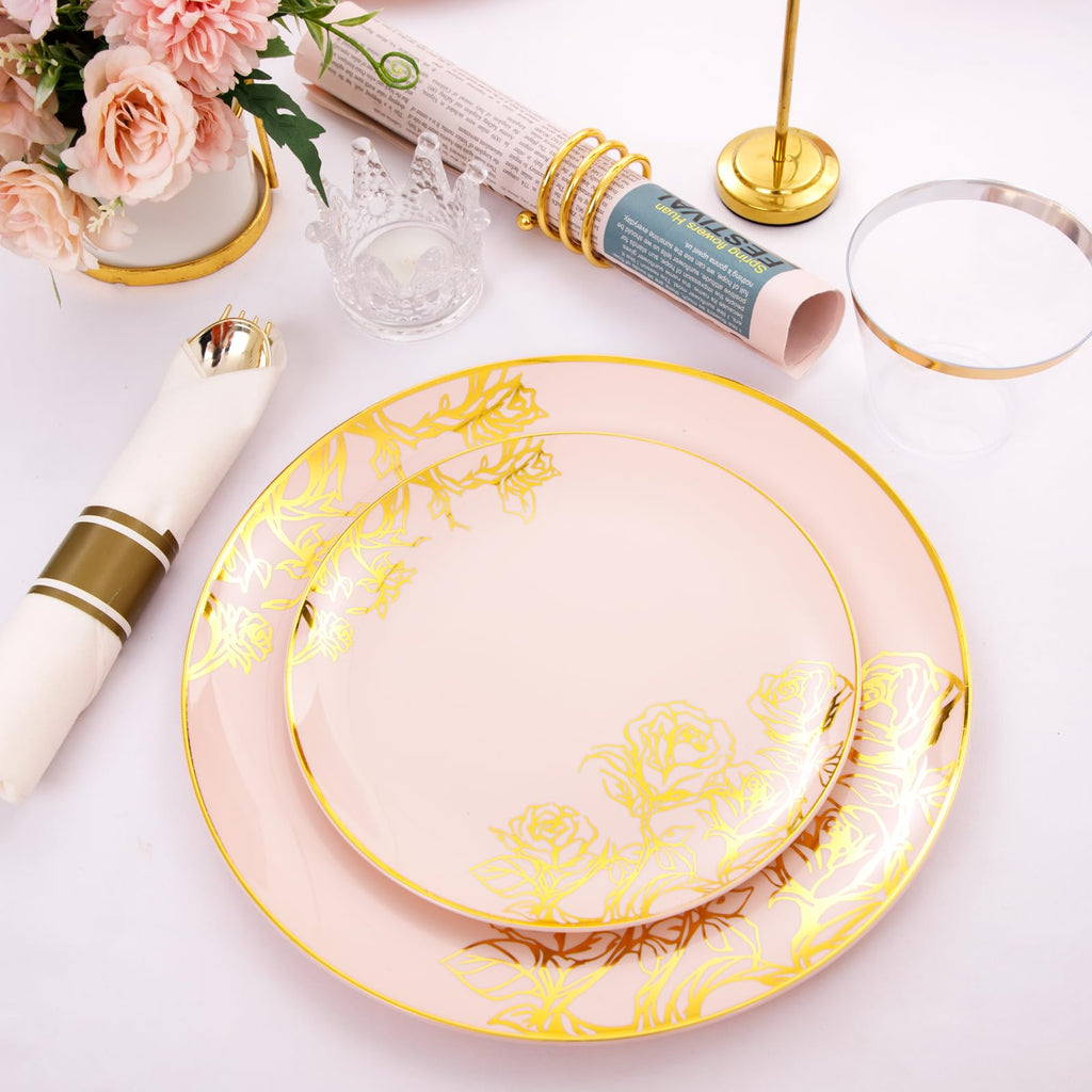 DaYammi 210Pcs White Gold Plastic Plates for Party,Gold Disposable Dinnerware Set Includes 60 gold Floral Plates,30 Plastic Silverware,30 Per Rolled Napkins,30 Cups for Mother's Day Party Wedding