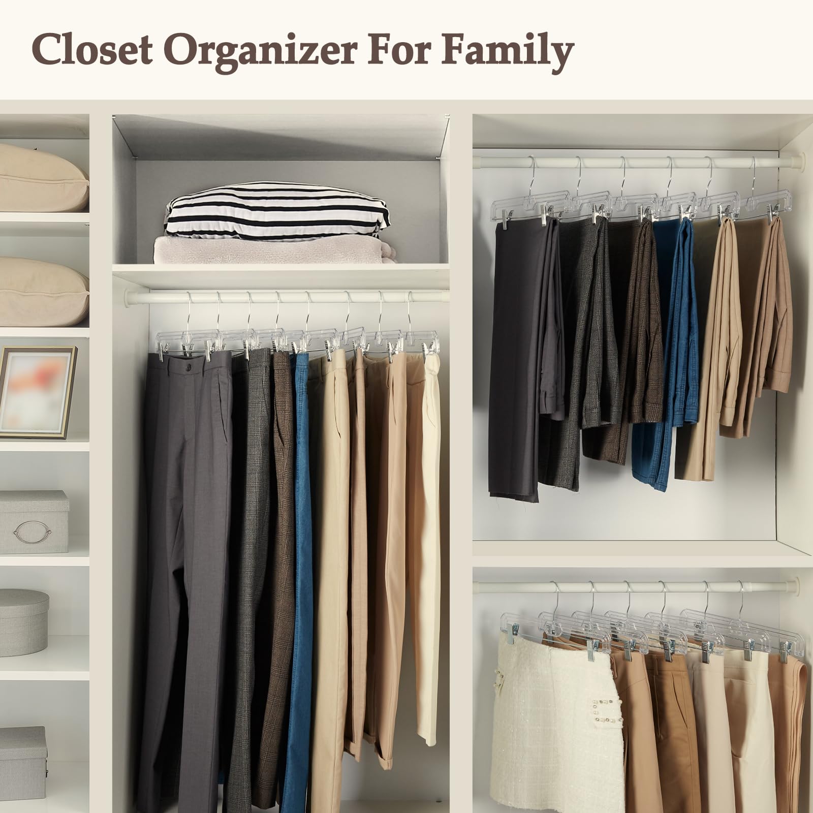 HOUSE DAY 50 Pack 14 inch Clear Plastic Pants Hangers with Clips, Skirt Hangers, Clip Hangers for Pants, Trouser Bulk Plastic Pant Hangers
