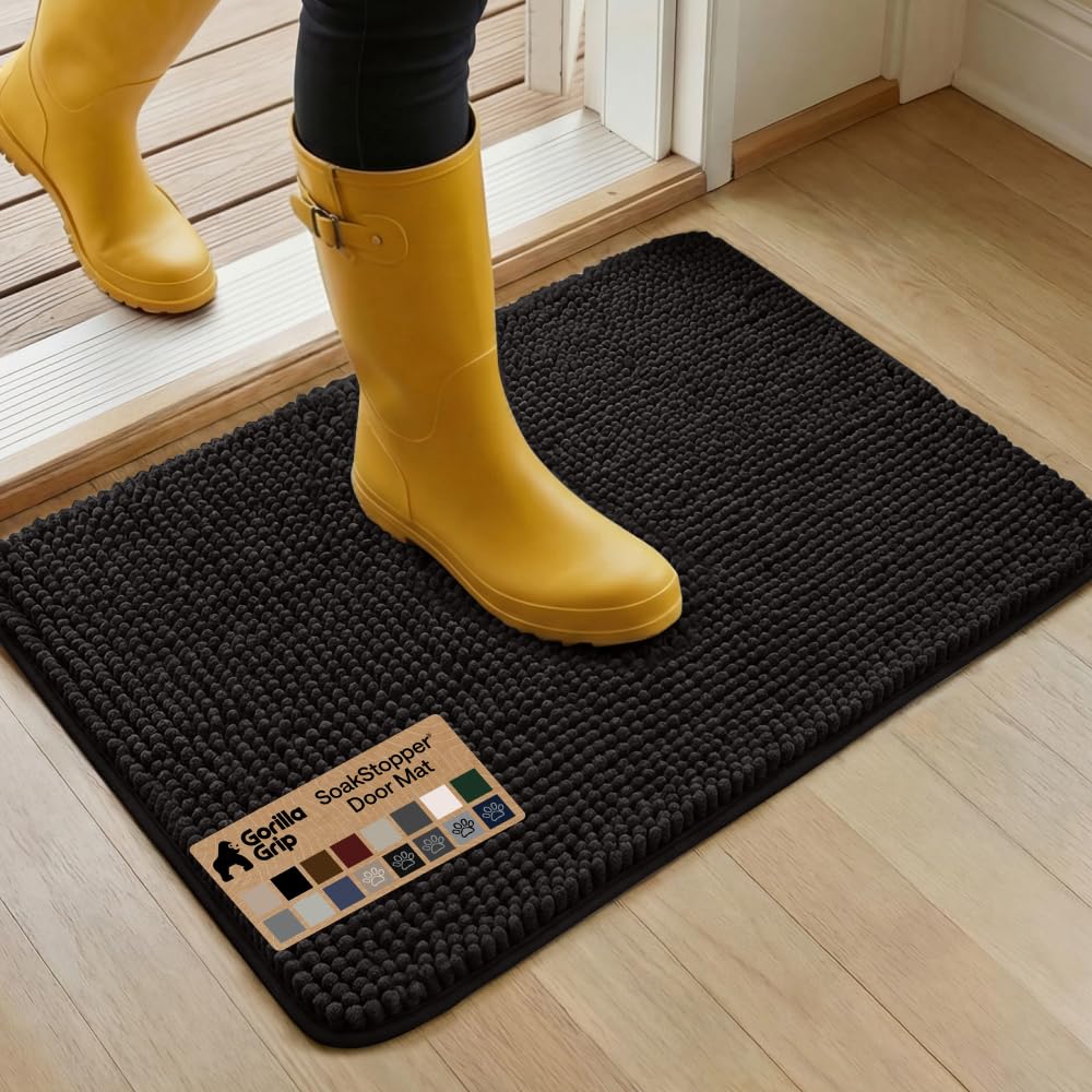 GORILLA GRIP SoakSTOPPER Dog Door Mat, Machine Washable Rug Absorbent Doormat Captures Moisture Mud Dirt, Quick Dry Soft Chenille Entryway Rugs Indoor Entrance Mats for Dog Paws, 24x17 Grey