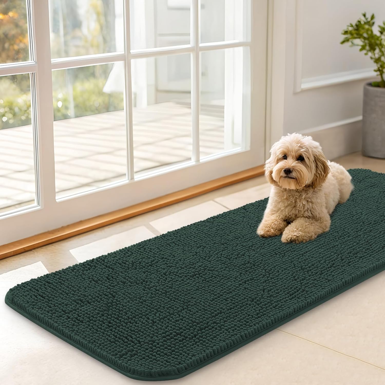 OLANLY Dog Door Mat for Muddy Paws 48x30, Absorbs Moisture and Dirt, Absorbent Non-Slip Washable Doormat, Quick Dry Chenille Mud Mat for Dogs, Entry Indoor Entryway Carpet for Inside Floor, Grey