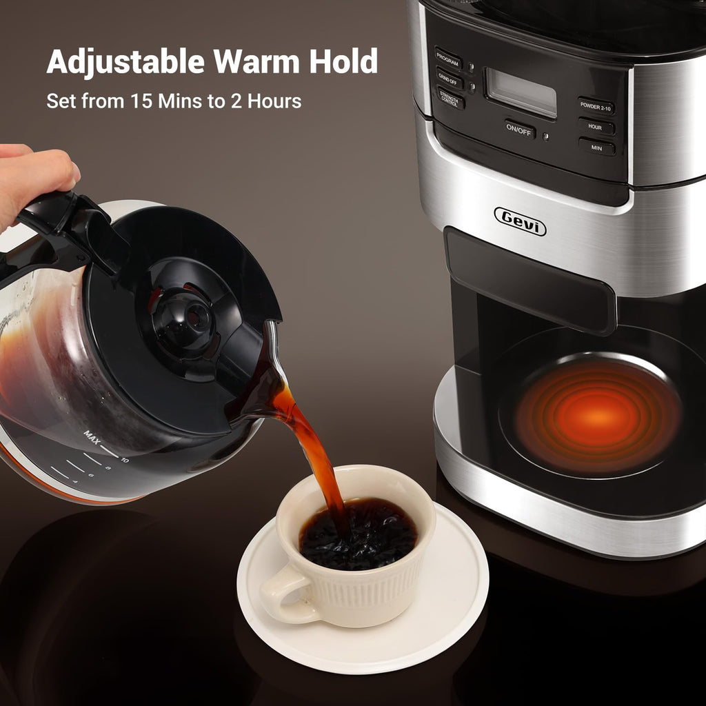 Gevi 10-Cup Drip Coffee Maker with Built-in Burr Grinder & Programmable Timer, 1.5L Water Tank, Auto Keep-Warm, Reusable Filter - Fresh Ground Coffee Machine (Black)