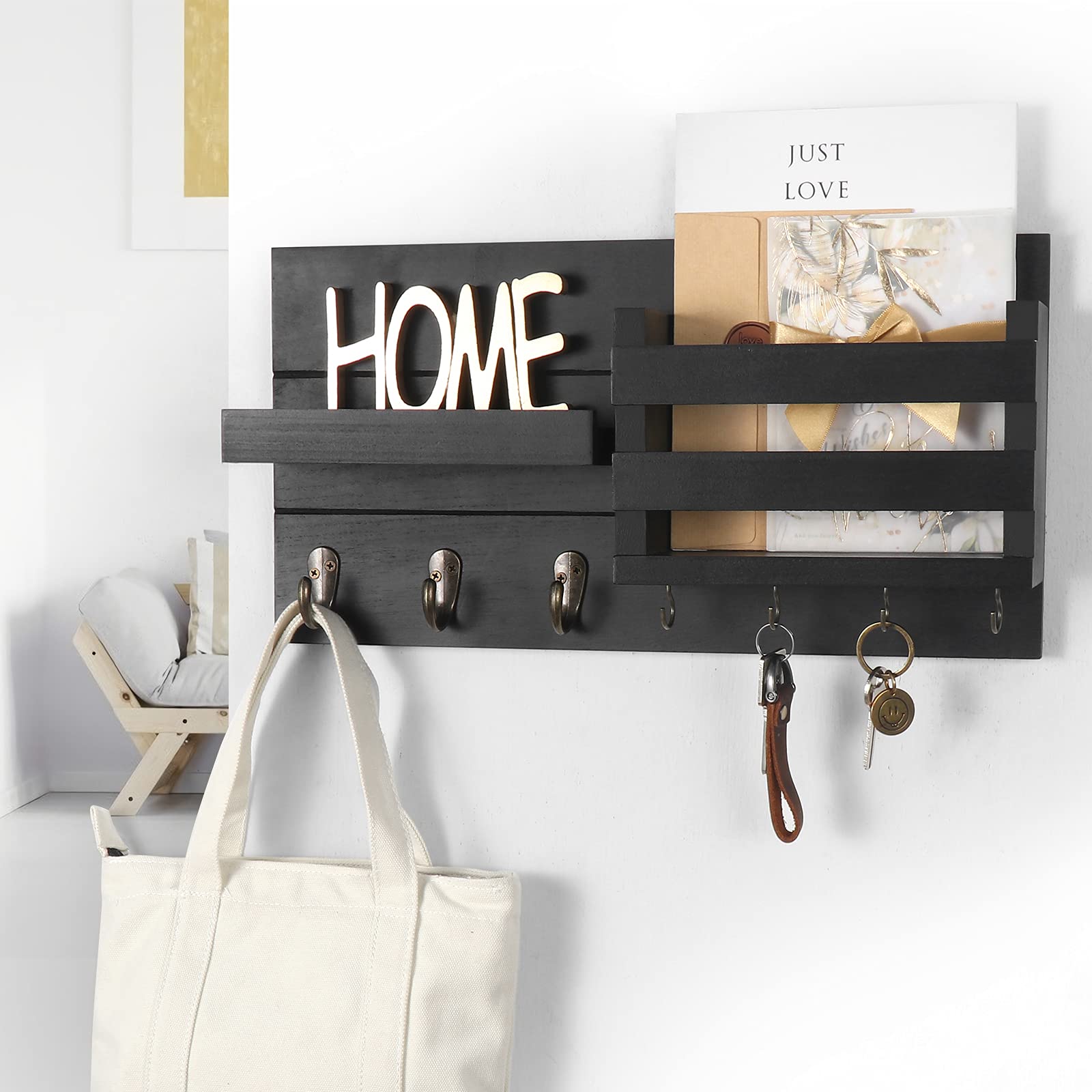 Mail Organizer for Wall Mount – Key Holder with Shelf Includes Letter Holder and Hooks for Coats, Dog Leashes – Rustic Wood with Flush Mounting Hardware (16.5” x 8.7” x 3.5”)