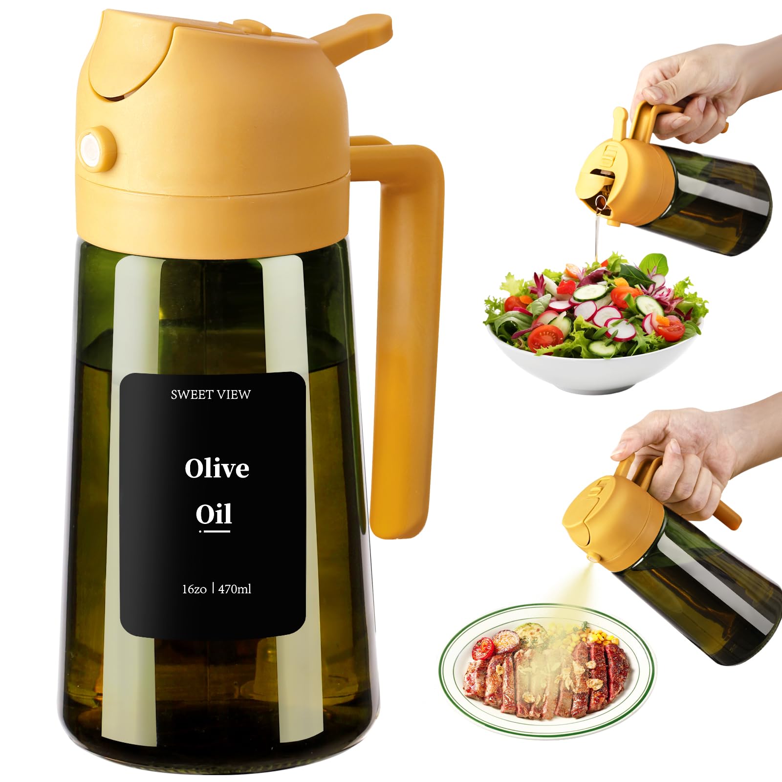 SWEET VIEW Olive Oil Dispenser and Oil Sprayer – 16oz/470ml Glass Light-Proof Oil Pourer for Kitchen, Air Fryer, Cooking, Salad, and BBQ