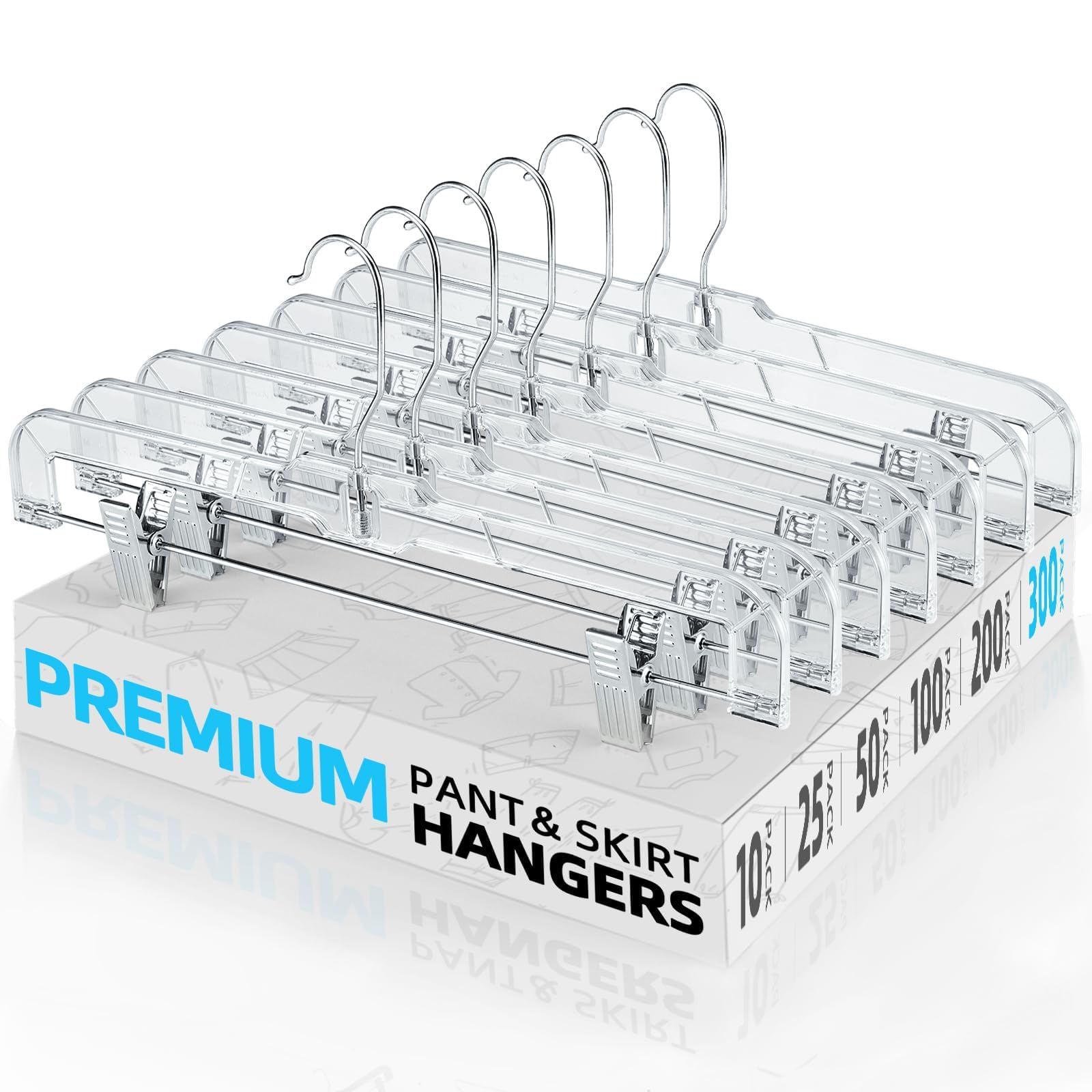 HOUSE DAY 50 Pack 14 inch Clear Plastic Pants Hangers with Clips, Skirt Hangers, Clip Hangers for Pants, Trouser Bulk Plastic Pant Hangers