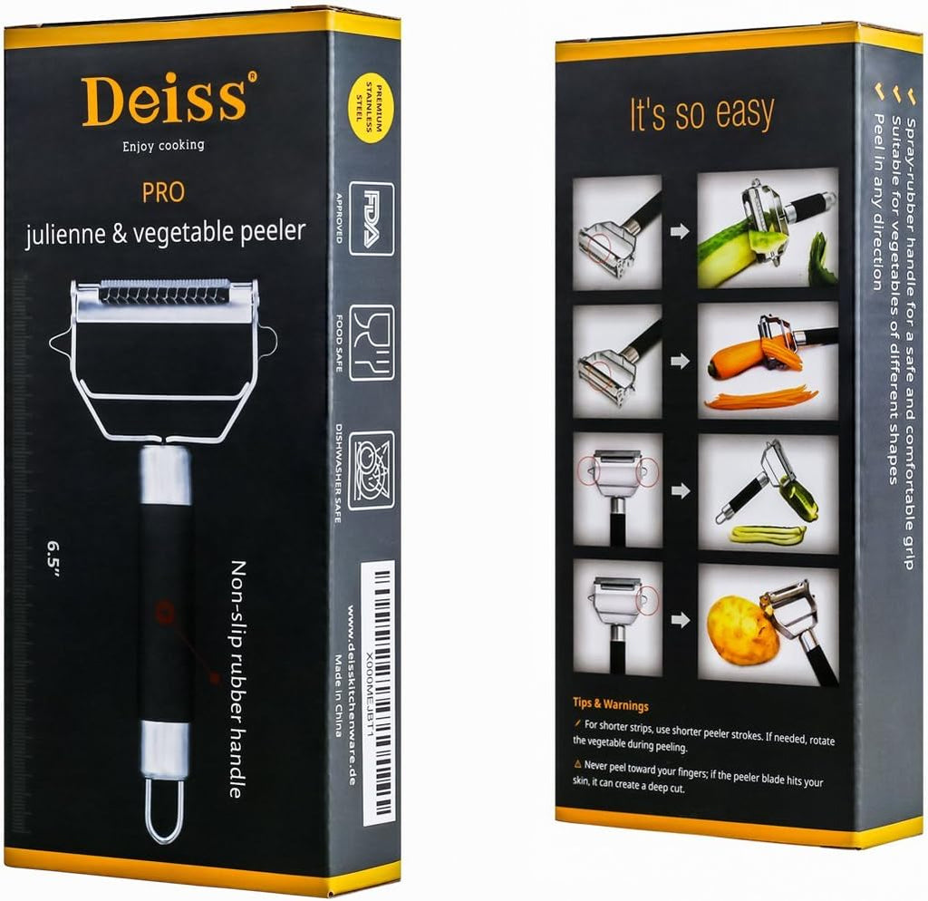 Deiss PRO Dual Julienne Peeler & Vegetable Peeler - Non-slip Handle - Apple Peeler & Potato Peeler, Orange Peeler, Zoodles Maker - Y Peeler, Veggie Peeler for Making Delicious Veggie Noodles