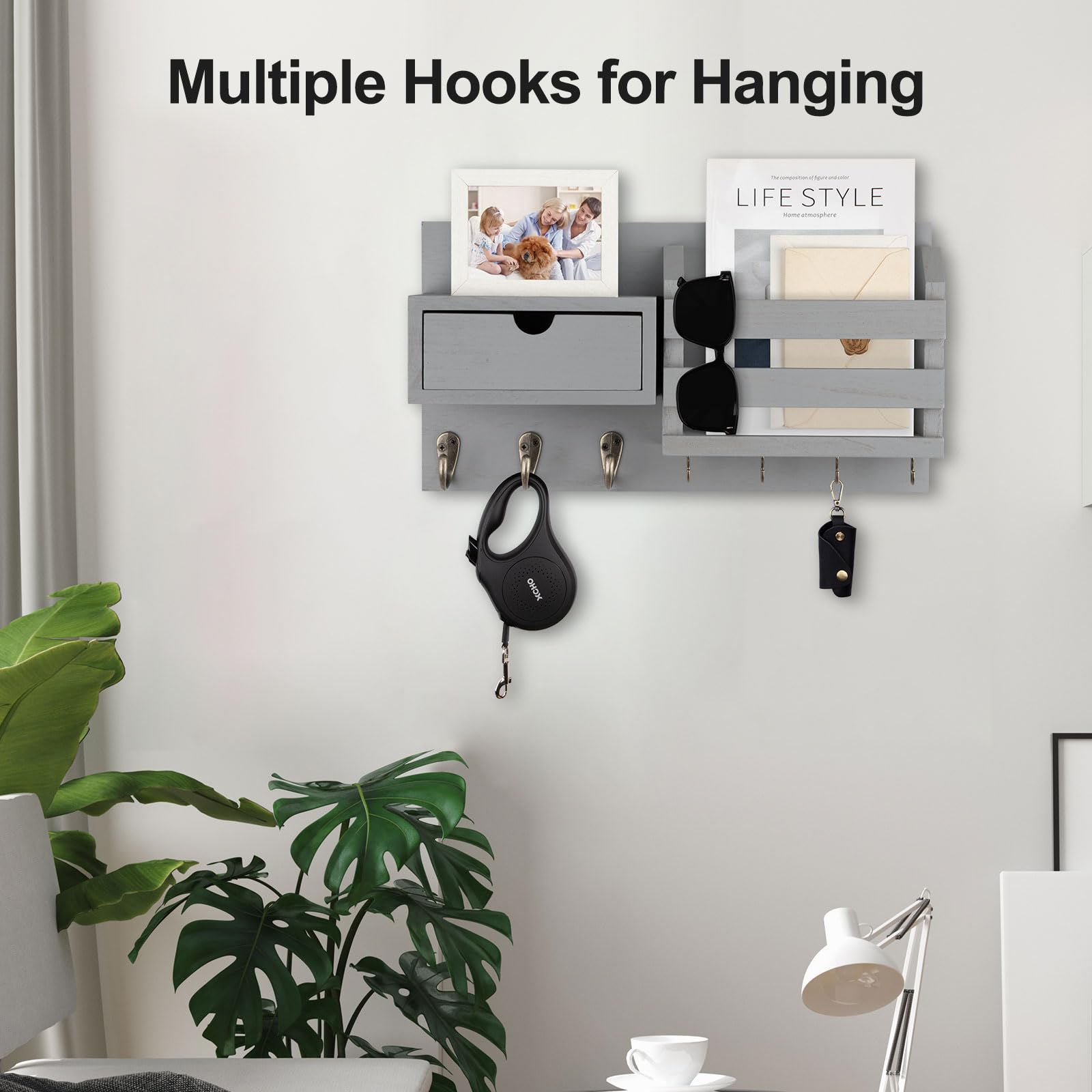 Wall Mount Key Holder with Mail Organizer, 100% Paulownia Wood, 7 Metal Hooks, Storage Drawer, Entryway Home Decor (Brown)