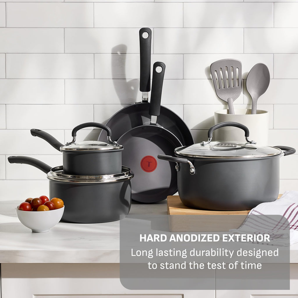 T-Fal Ultimate Hard Anodized Nonstick Pots and Pans Set 17 Piece, Nonstick Cookware Set with Fry Pan, Saucepans, Saute-Pan, Griddle, Dishwasher Safe, Onyx