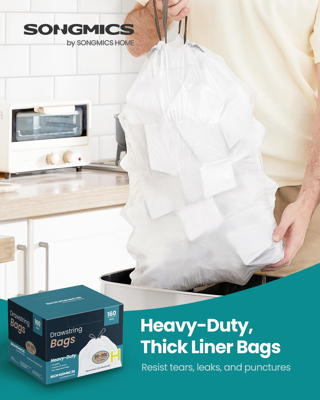 SONGMICS Trash Bags for 8-Gallon (30 L) Trash Cans, Drawstring Kitchen Garbage Bags, Pre-Separated, Liner Code 30A, 2 Rolls, 90 Count, White UKRB30A02
