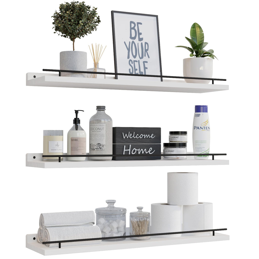 WOPITUES Floating Shelves with Black Metal Guardrail, Shelves for Wall Decor Set of 3, Wall Shelves for Bedroom, Bathroom, Kitchen, Living Room, Plants, Picture Frames, Art- Black
