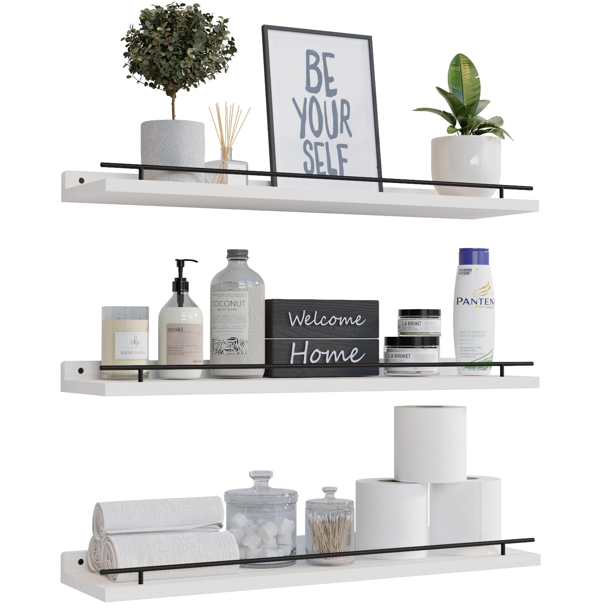 WOPITUES Floating Shelves with Black Metal Guardrail, Shelves for Wall Decor Set of 3, Wall Shelves for Bedroom, Bathroom, Kitchen, Living Room, Plants, Picture Frames, Art- Black
