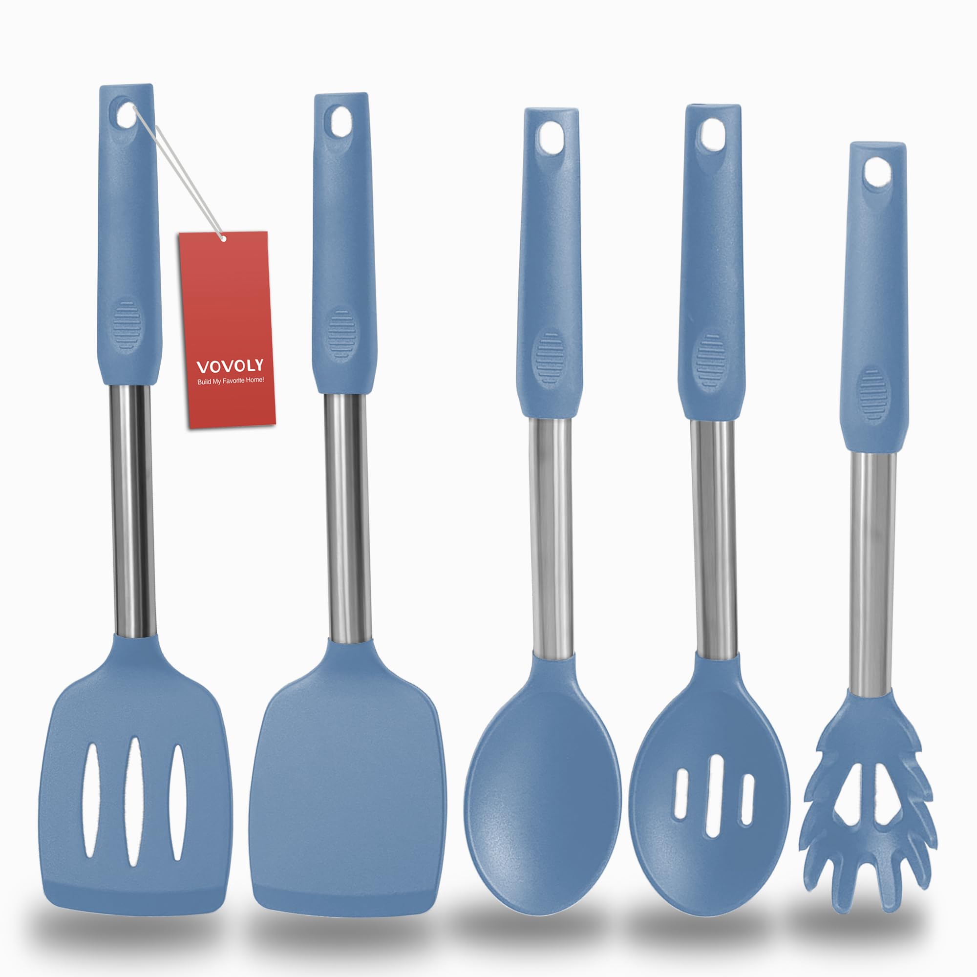 Silicone Spatula and Cooking Spoon,5 Pack Non-Stick Cooking Utensils for Kitchen，Heat Resistant Solid & Slotted Spoons and Spatulas, Stainless Steel Handle Coated with Silicone,Black