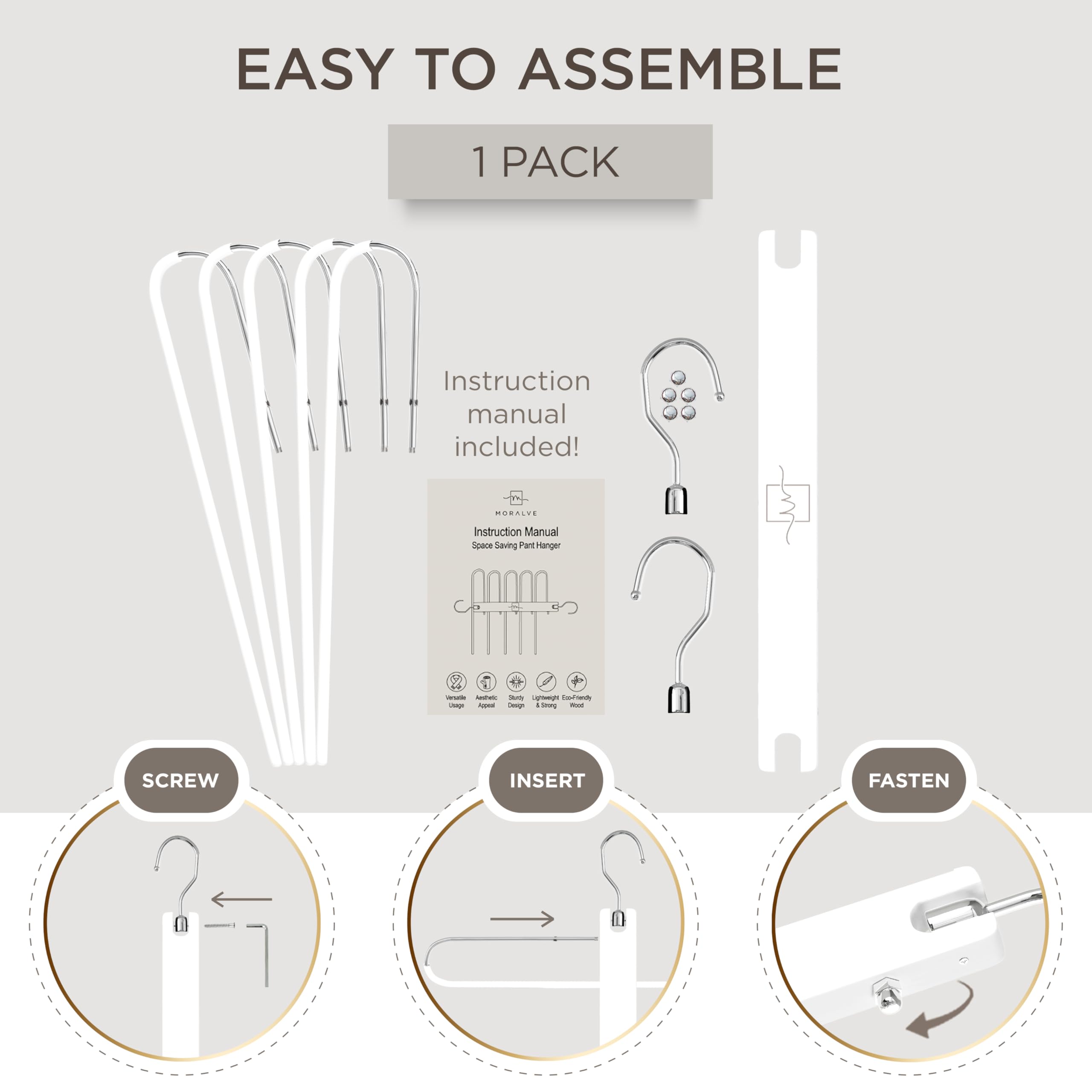 MORALVE Pants Hangers Space Saving - 2 Pack European Beechwood Scarf and Jean Hangers - Closet Organizer and Space Saver Pant Rack, Leggings Hanger, and Scarf Holder with 360° Swivel Hook