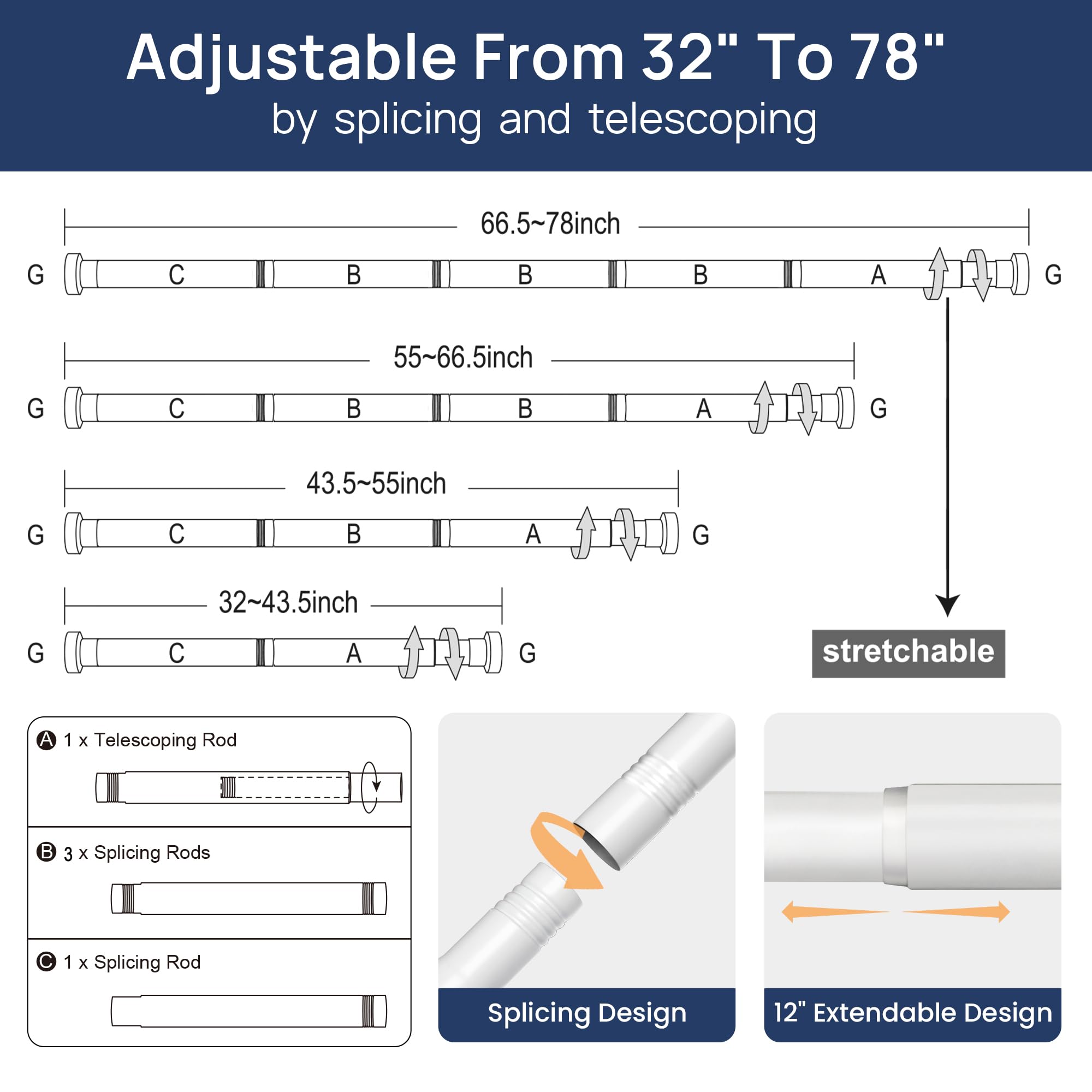 ENJOYBASICS 2 Pack Adjustable Spring Tension Curtain Rods 32 to 66 Inches, Stainless Steel Matte Black Shower Rod No Drilling for Window, Bathroom, Closet, Room Divider, 7/8" Diameter