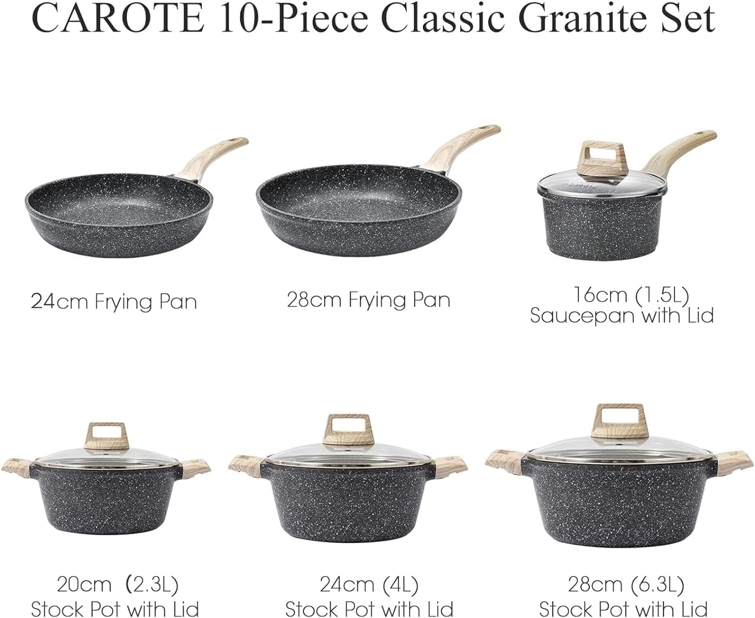 CAROTE 21Pcs Pots and Pans Set, Nonstick Cookware Sets, White Granite Induction Cookware Non Stick Cooking Set w/Frying Pans & Saucepans(PFOS, PFOA Free)