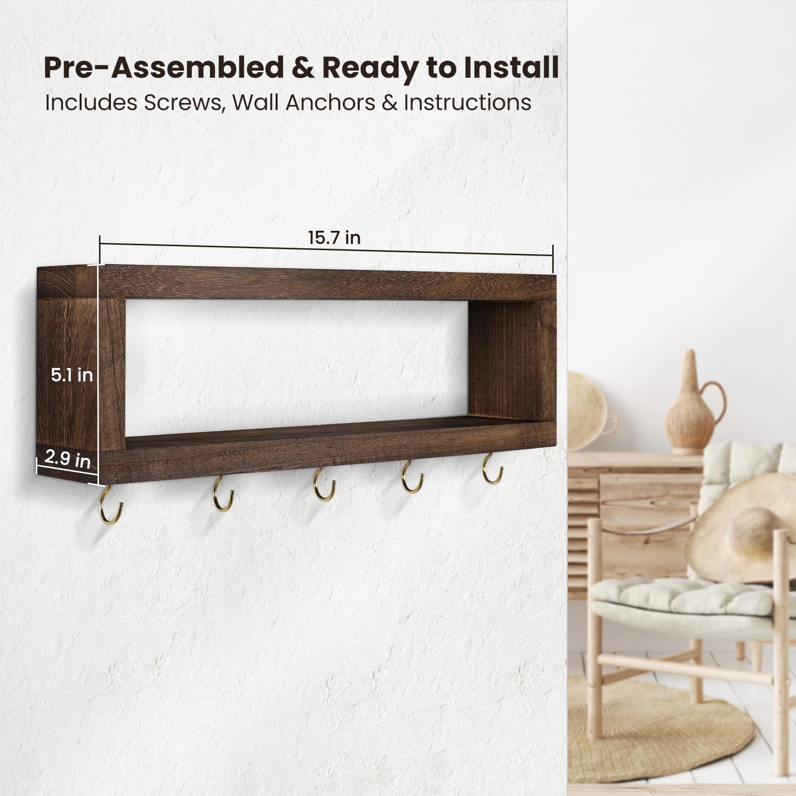 Wall Shelf with Hooks - Decorative Key and Wallet Holder for Wall Holds Sunglasses, Leashes, Scarves and Lanyards - 15.7" x 5.1" x 2.9" Entryway Organizer Made of Paulownia Wood (White)