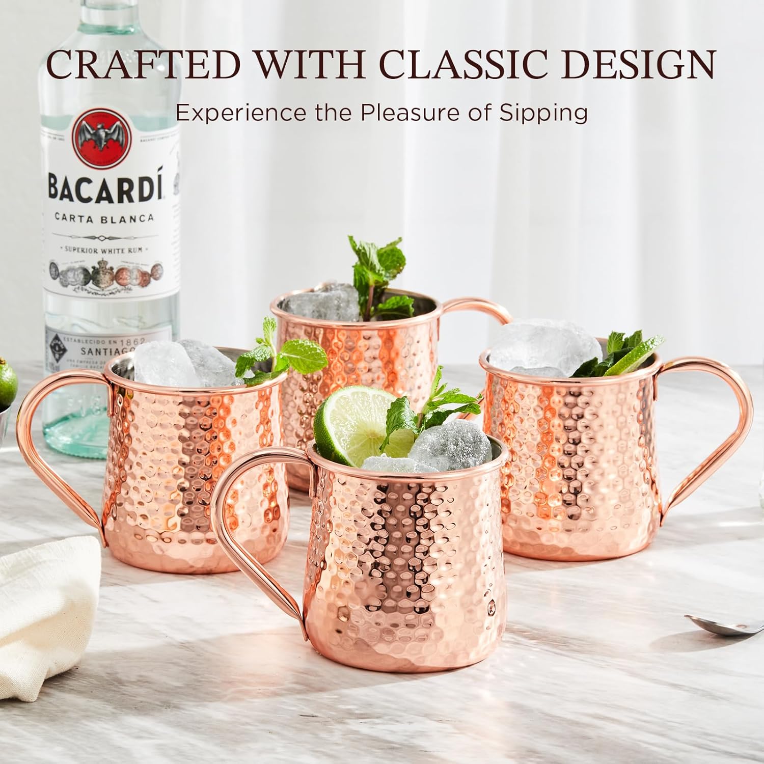 KITESSENSU Moscow Mule Mugs Set of 2 | 18 oz Hammered Copper Mule Mugs with Straws Keep Cocktails Well-Chilled, Copper Cups for Drinking Cocktails, 18/8 Stainless Steel Lined & Dishwasher Safe Barware