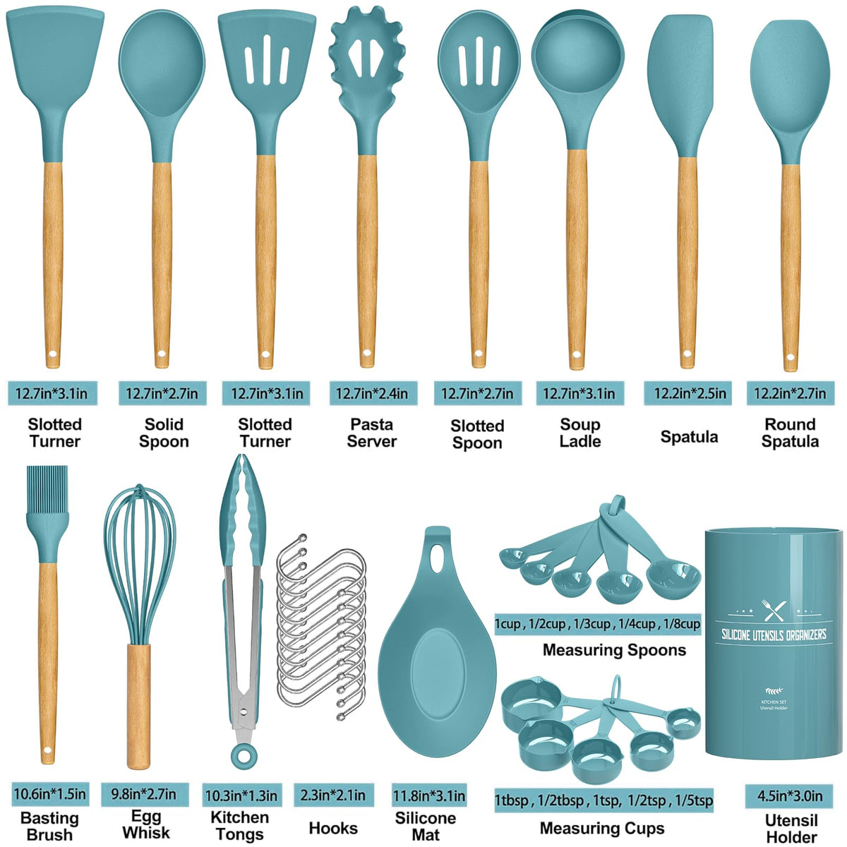 Umite Chef Kitchen Cooking Utensils Set, 33 pcs Non-Stick Silicone Cooking Kitchen Utensils Spatula Set with Holder, Wooden Handle Silicone Kitchen Gadgets Utensil Set (Khaki)