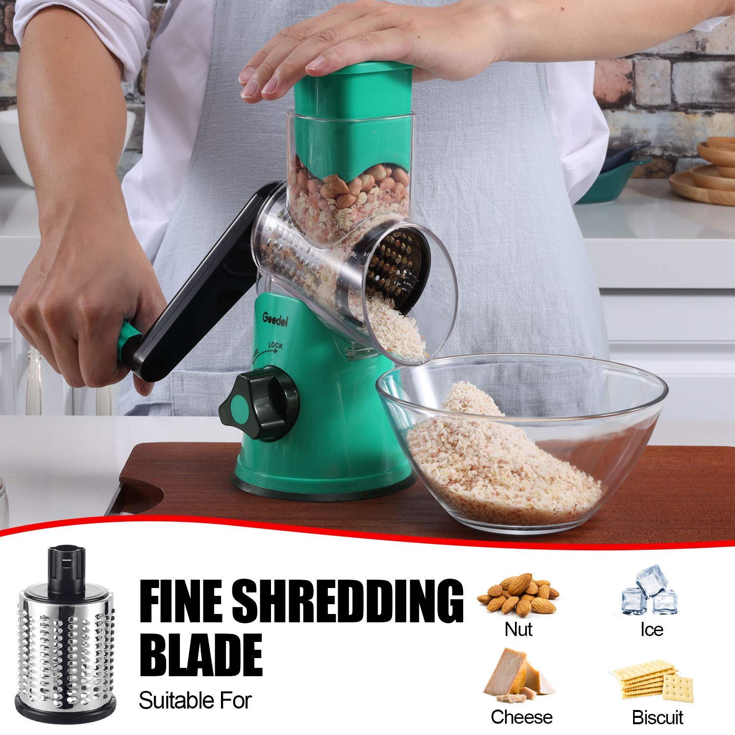 Geedel Rotary Cheese Grater, Kitchen Mandoline Vegetable Slicer with 3 Interchangeable Blades, Easy to Clean Rotary Grater Slicer for Fruit, Vegetables, Nuts