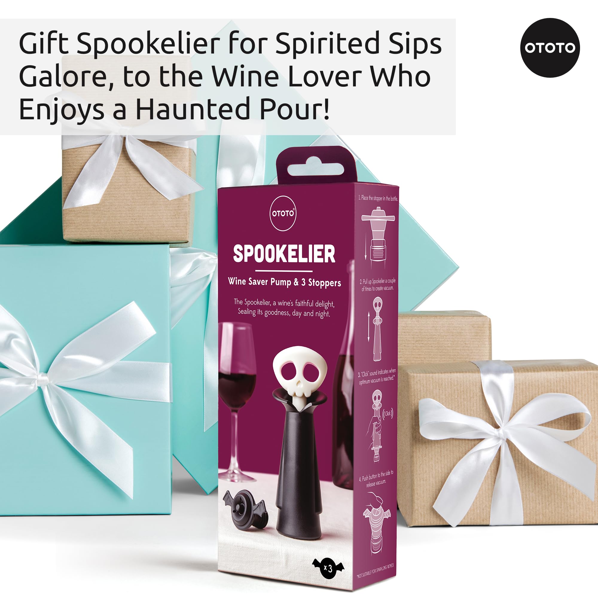 OTOTO Wine Stoppers & Pourer - Halloween Gifts for Wine Lovers, Spooky Wine Bottle Stopper, Wine Goth Accessories, Fun Kitchen Gadgets (Count Corkula)