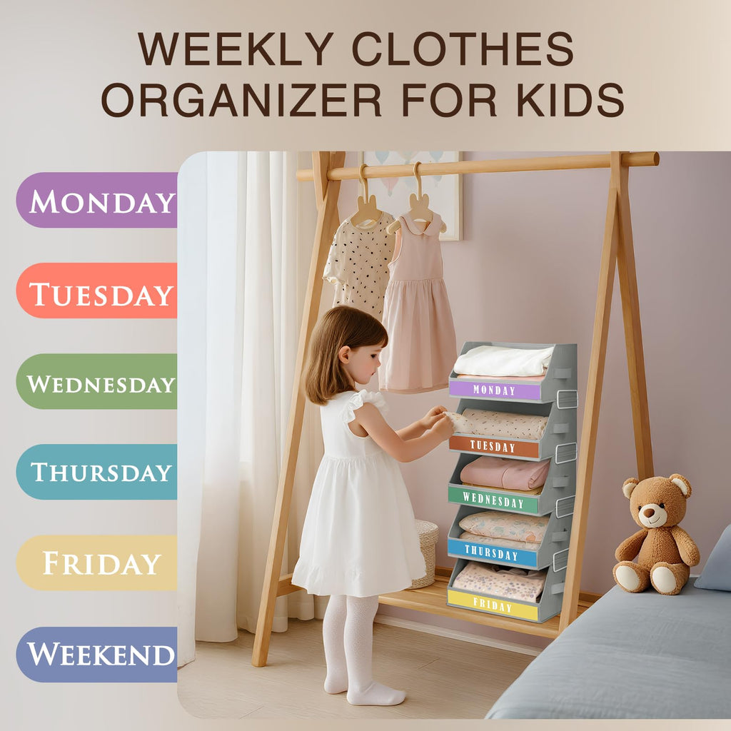 Homsorout Closet Organizers and Storage - 5 Tier Shelf Organizer with Weekly Labels, Stackable Storage Bins with Metal Frame, Foldable Cube Bins, Home Baskets for Kids and Adults, Beige