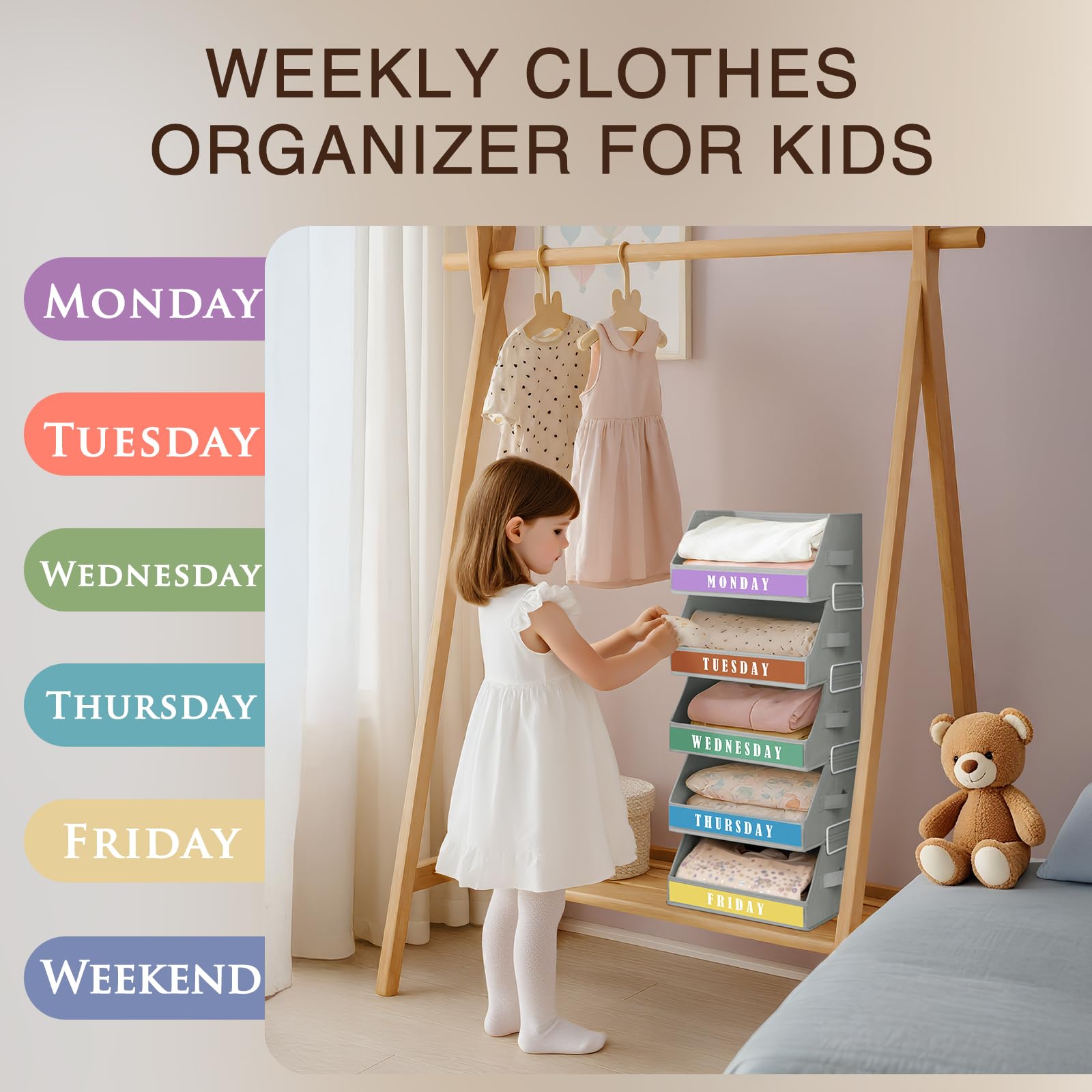 Homsorout Closet Organizers and Storage - 5 Tier Shelf Organizer with Weekly Labels, Stackable Storage Bins with Metal Frame, Foldable Cube Bins, Home Baskets for Kids and Adults, Beige