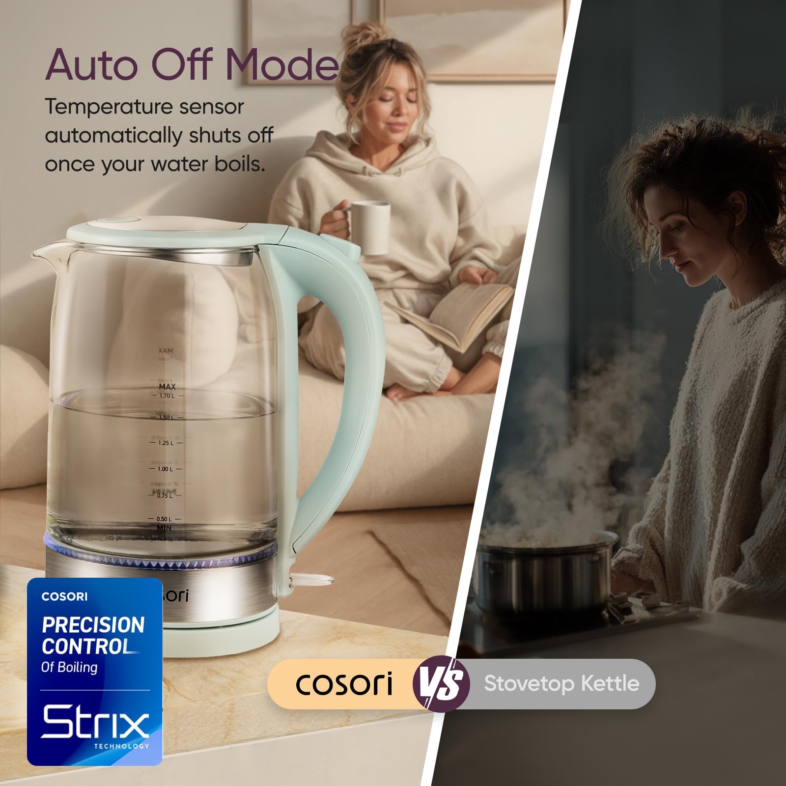 Cosori Electric Kettle, No Plastic Contact With Water, Wide Mouth For Easy Cleaning, Auto Shut Off, 1.7L Tea Kettle & Hot Water Boiler, Water Heater & Teapot, Borosilicate Glass, Black, 1500W
