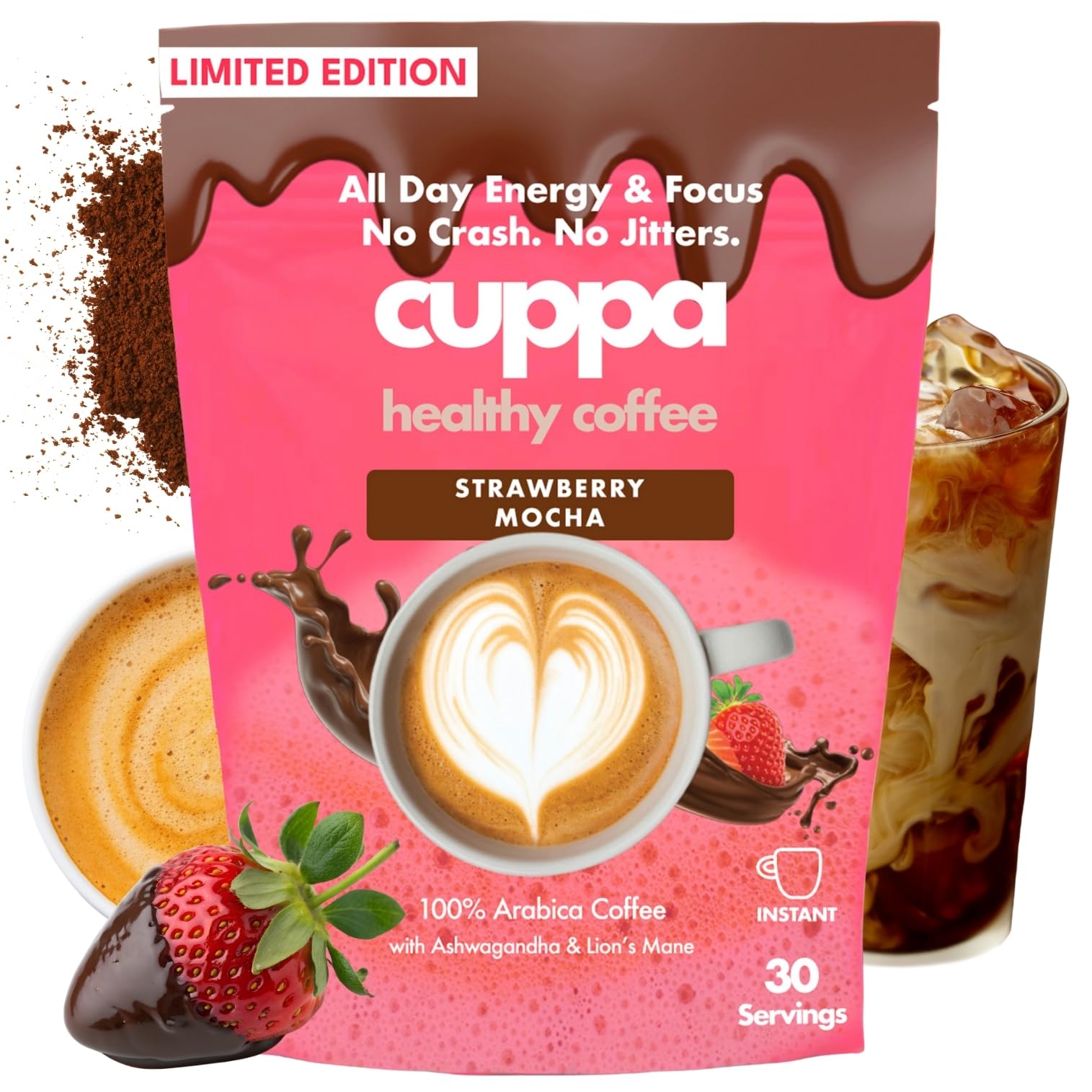 Cuppa Medium Roast Mushroom Coffee with Adaptogens & Superfoods - Lion’s Mane, Ashwagandha & Cordyceps. Adaptogens + MCT to support natural energy, mental focus & gut health (30 Servings)