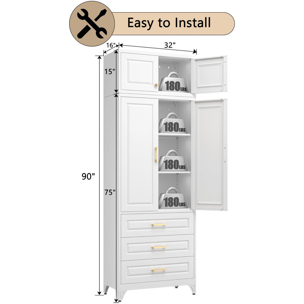 75" Tall Metal Kitchen Storage Cabinet,White Kitchen Pantry Storage Cabinet with Doors and 4 Adjustable Shelves,Utility Cabinet for Living Room,Garage,Dining Room and Office,Assemble Required