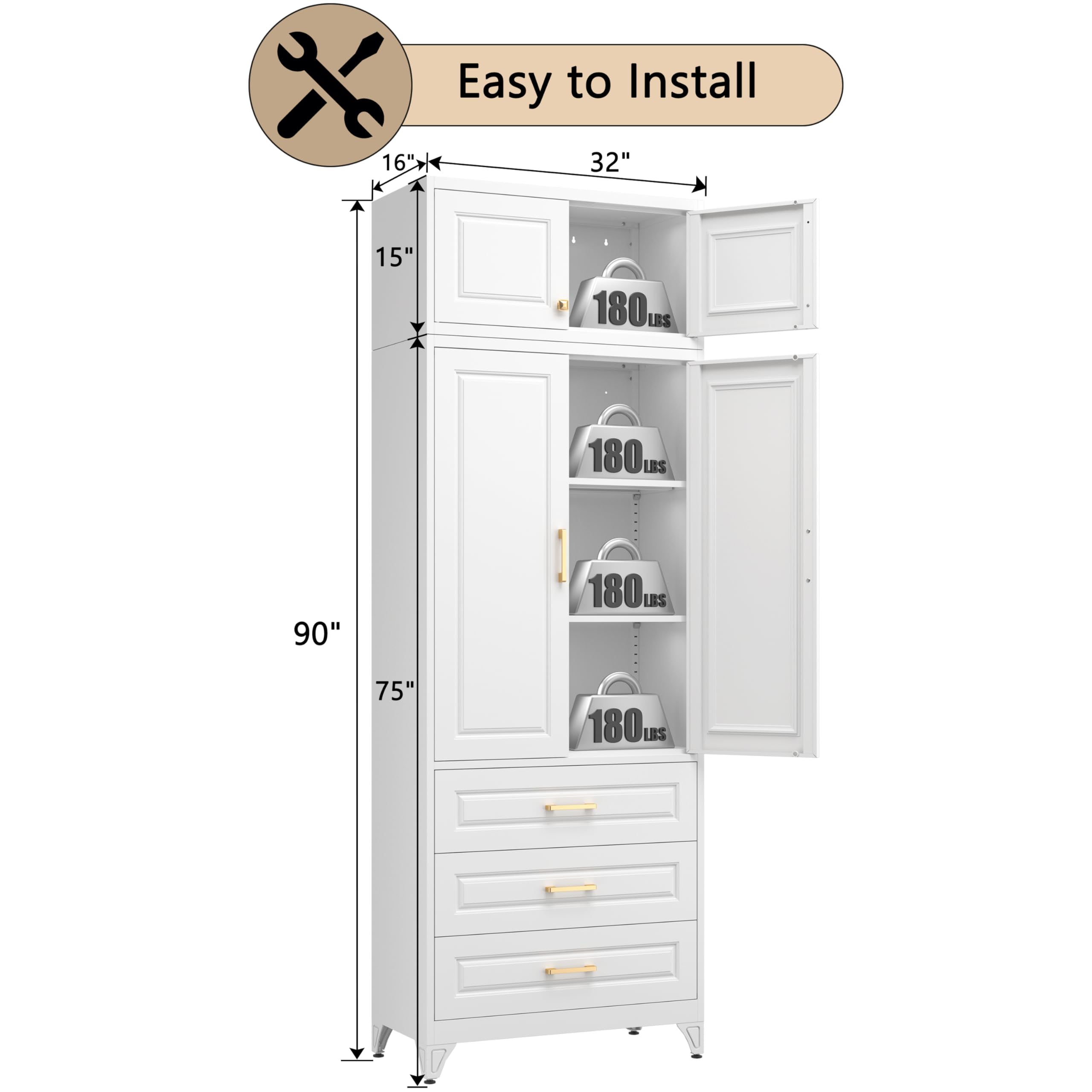 75" Tall Metal Kitchen Storage Cabinet,White Kitchen Pantry Storage Cabinet with Doors and 4 Adjustable Shelves,Utility Cabinet for Living Room,Garage,Dining Room and Office,Assemble Required