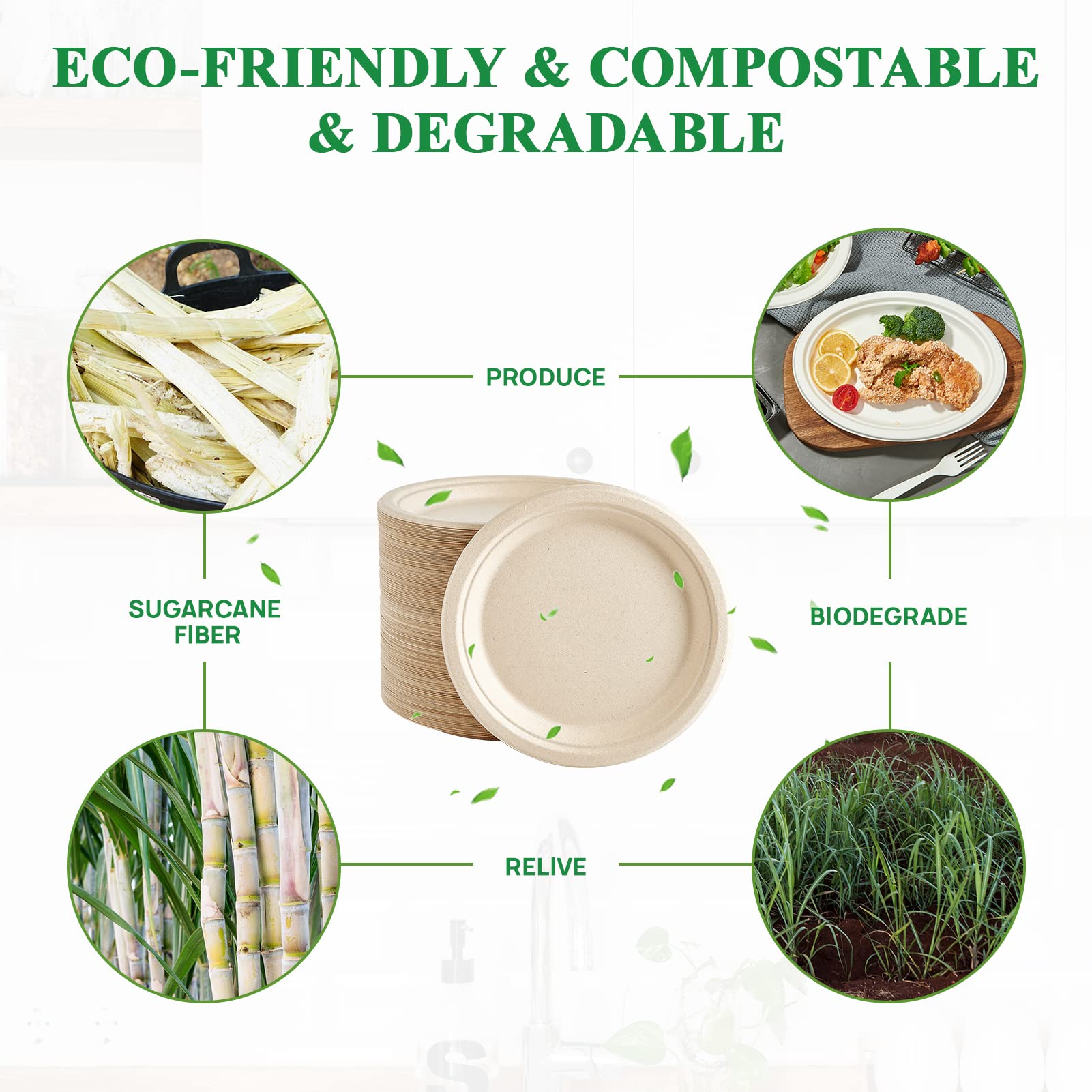 Vplus 150 Pack Paper Plates 9 inch 100% Compostable, Heavy-Duty Disposable Paper Plates Bagasse Natural Biodegradable Eco-Friendly Sugarcane