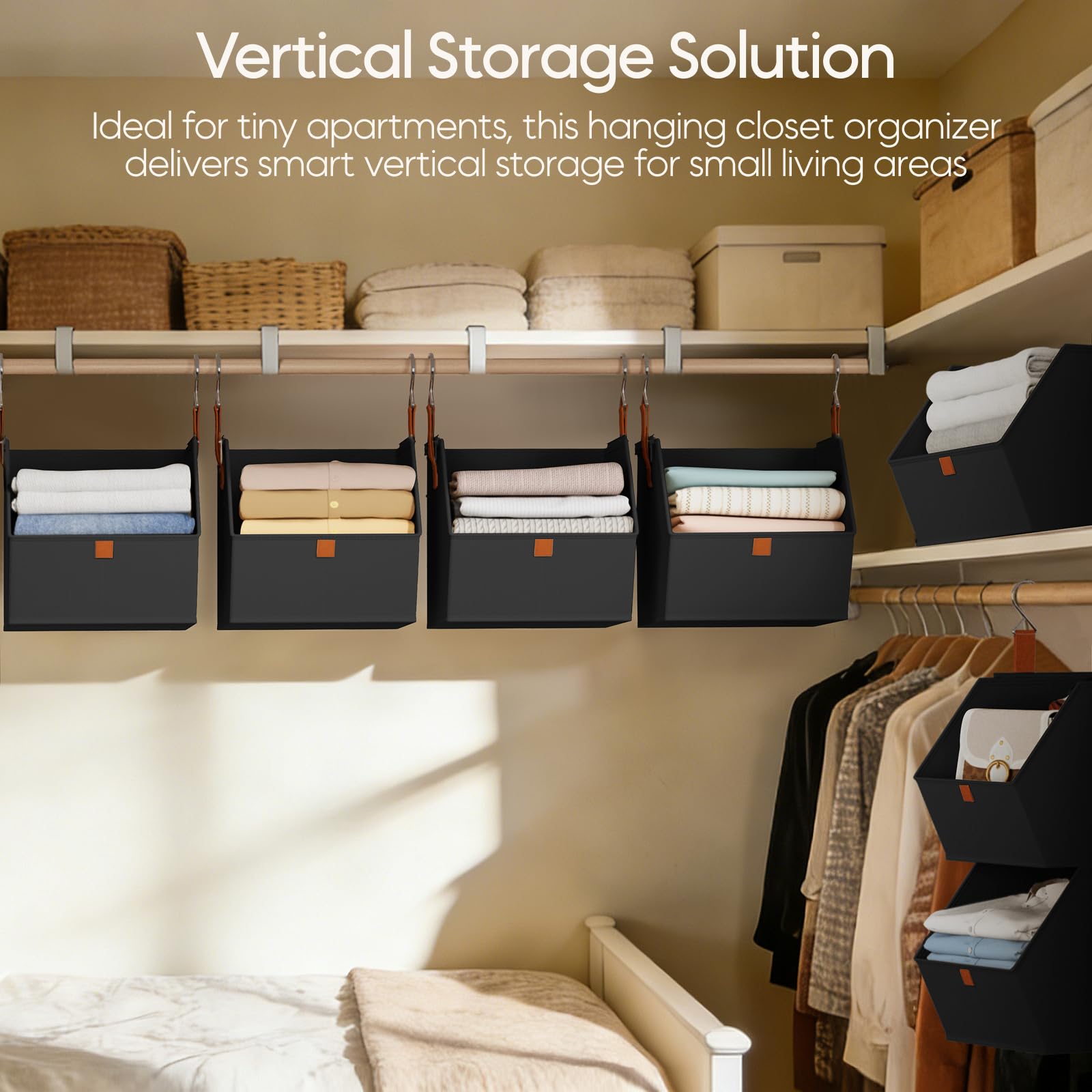 Homsorout Hanging Closet Organizer 4 Tier - Clothes Hanging Shelves, Space-Saving Closet System, Fabric Storage Bins Bedroom Organization, Collapsible Baskets for Home, Dorm, Rv, Beige