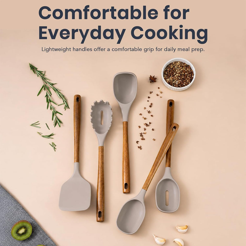 5-Piece Silicone Kitchen Utensil Set with Acacia Wood Handles, Brown