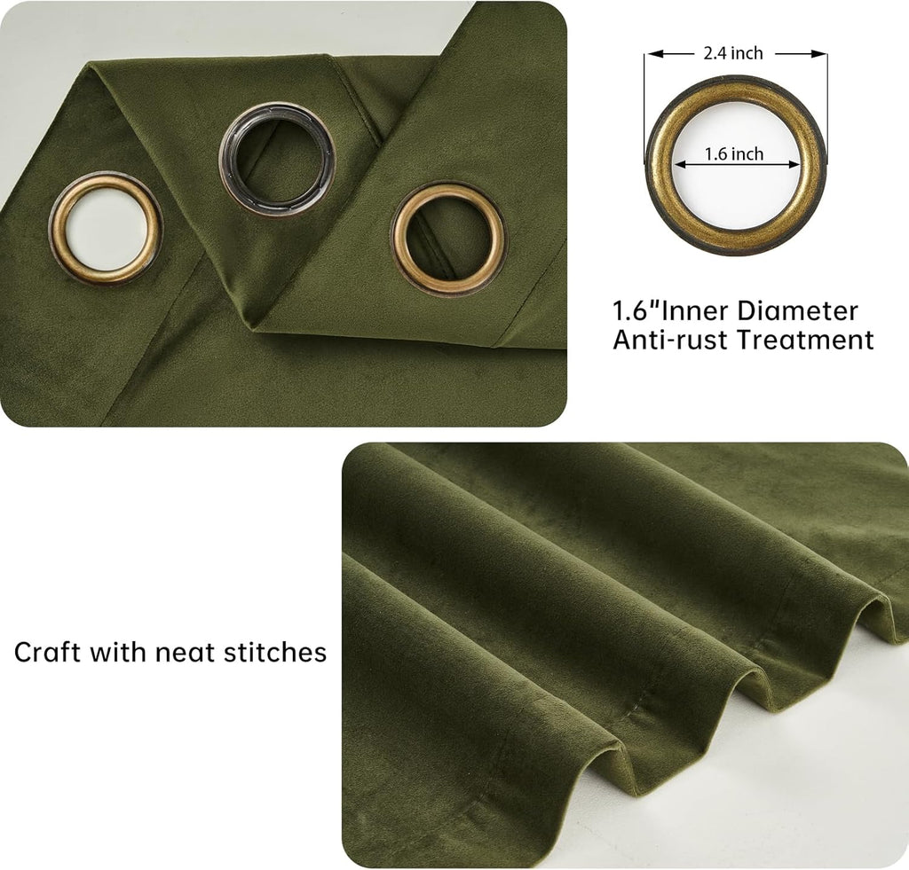 Topfinel Olive Green Velvet Blackout Curtains 84 Inches Long,Soundproof Room Darkening Dark Green Thermal Insulated Boho Elegant Moody Grommet Curtains for Living Room Bedroom 2 Panels