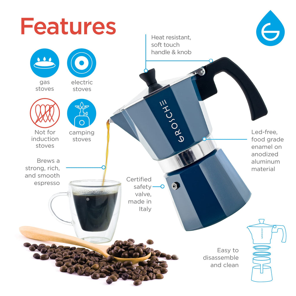 GROSCHE Milano Moka pot, Stovetop Espresso maker, Greca Coffee Maker, Stovetop coffee maker and espresso maker percolator (Grey, 6 cup)