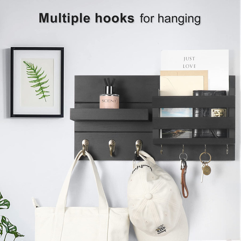 Mail Organizer for Wall Mount – Key Holder with Shelf Includes Letter Holder and Hooks for Coats, Dog Leashes – Rustic Wood with Flush Mounting Hardware (16.5” x 8.7” x 3.5”)