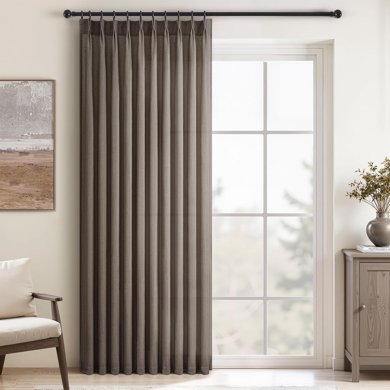 96 Inches Long Pleated Sheer Curtains,Dark Linen Blended Light Filtering Window Curtains 96 Length 2 Panels for Living Room Bedroom Pinch Pleat Drapes with Hooks 2 Panels 40" Wx96 L,Light Brown
