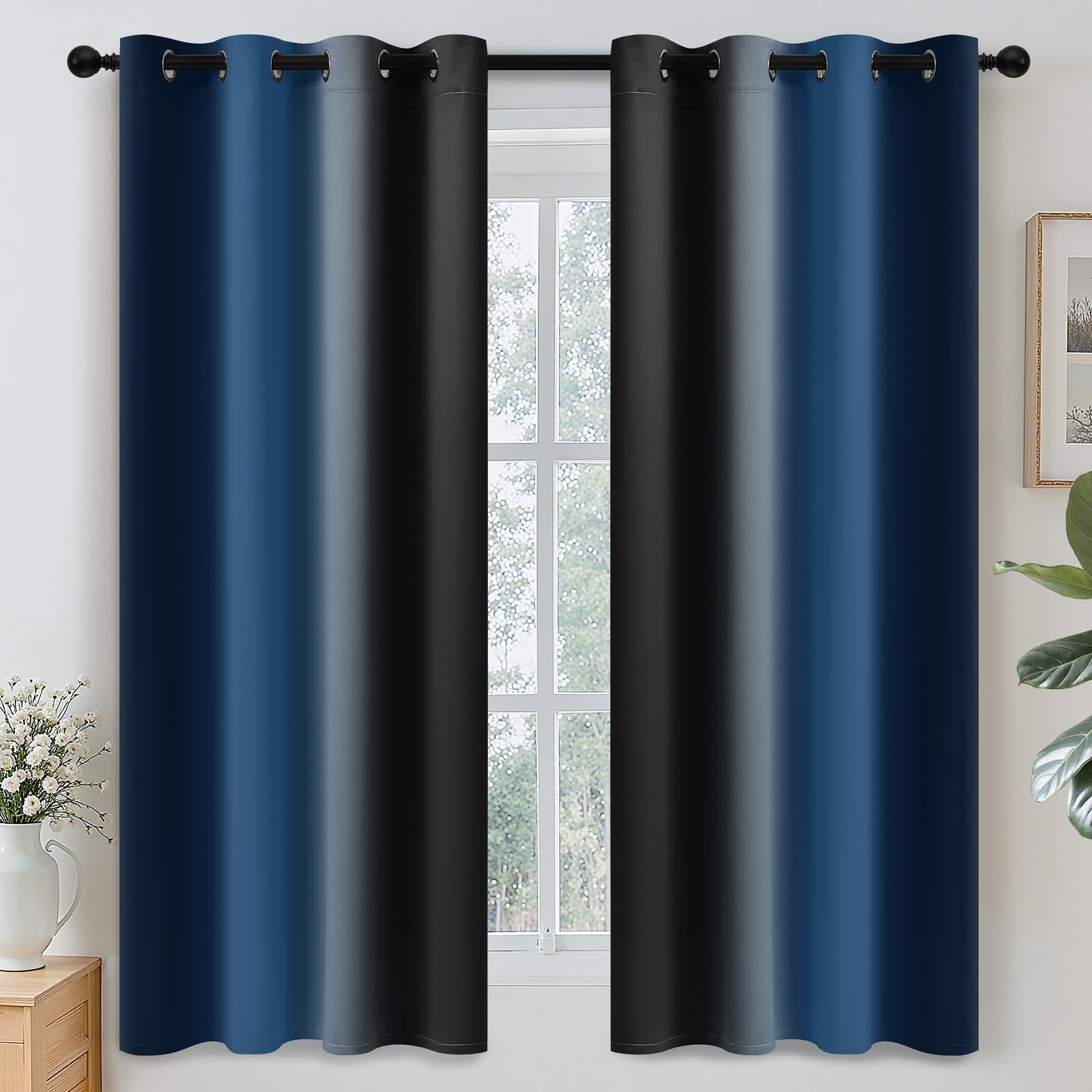 Yakamok Blue and Greyish White Ombre Curtains, Room Darkening Gradient Color Curtains for Bedroom, Light Blocking Thermal Insulated Window Drapes for Living Room(2 Panels, 52x84 Inch)