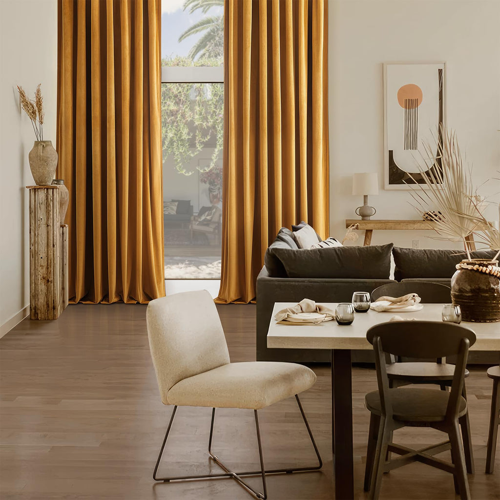 Topfinel 108 Inches Long Mustard Yellow Velvet Blackout Curtains for Living Room Large Window, Pinch Pleated Pastel Gold Cold Block Acoustic Floor Length Boho Track Curtains 2 Panels, 9 FT Valentines