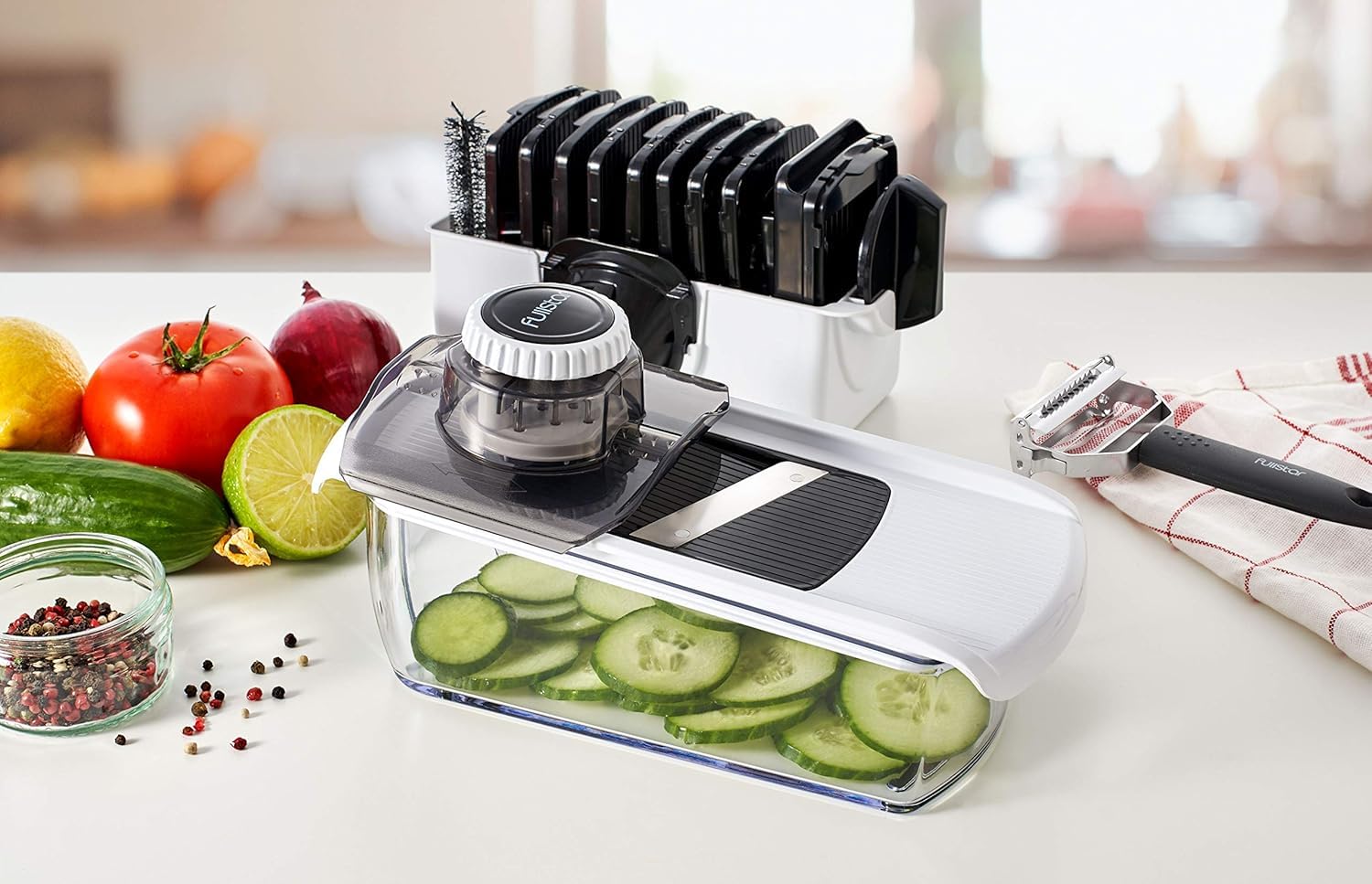 Fullstar Mandoline Slicer for Kitchen, Fruit Cutter, Cheese Grater, Cucumber Slicer, Veggie Spiralizer, Food Cutter & Kitchen Gadgets & Gifts with Safety Glove (6 in 1, White)