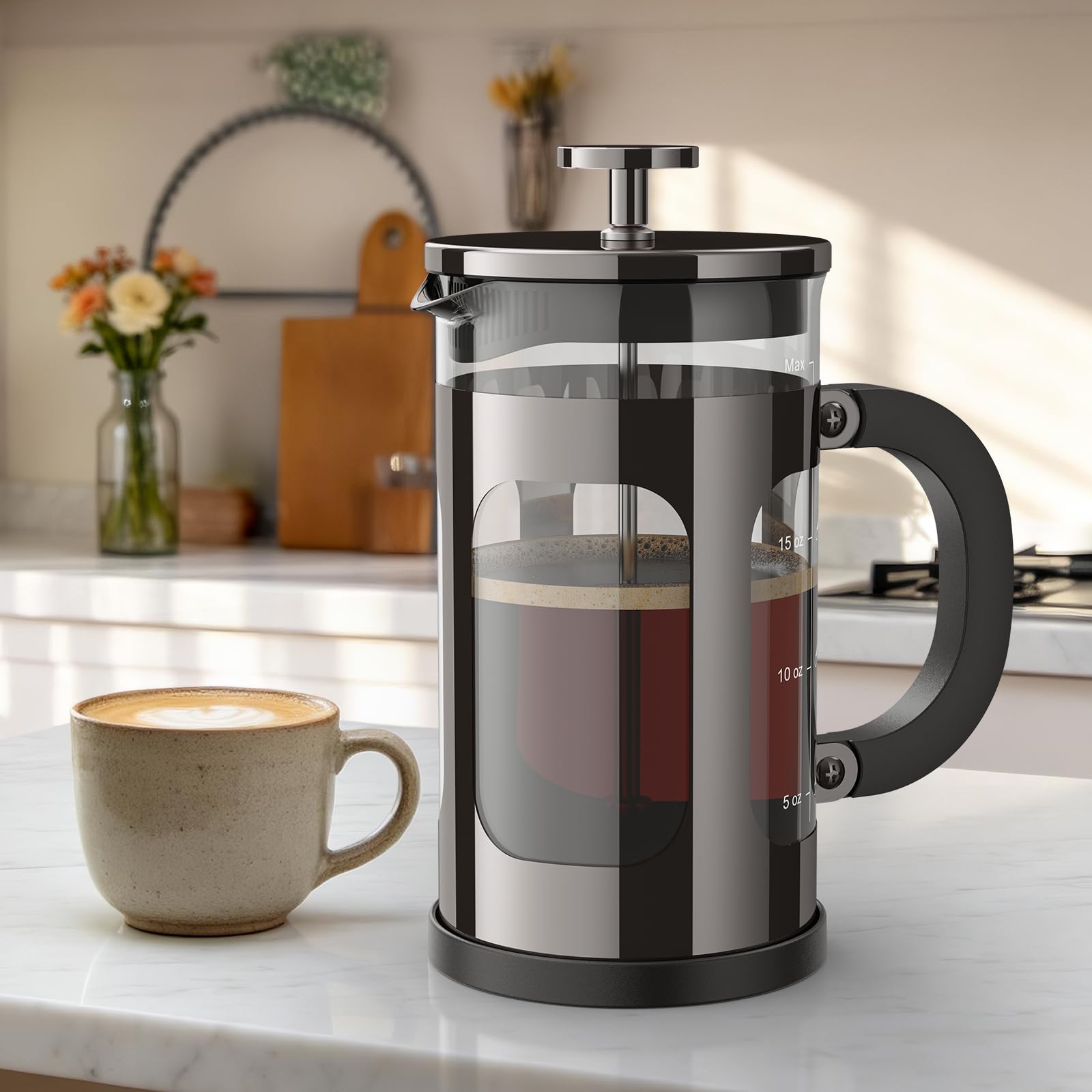 Veken French Press Coffee Maker 21oz 0.6 L, Single Serve Small Pot, Heat Resistant Thickened Borosilicate Glass, Stainless Steel Brewer, Cold Brew Cafetera Teapot for Kitchen Travel Camping, Copper
