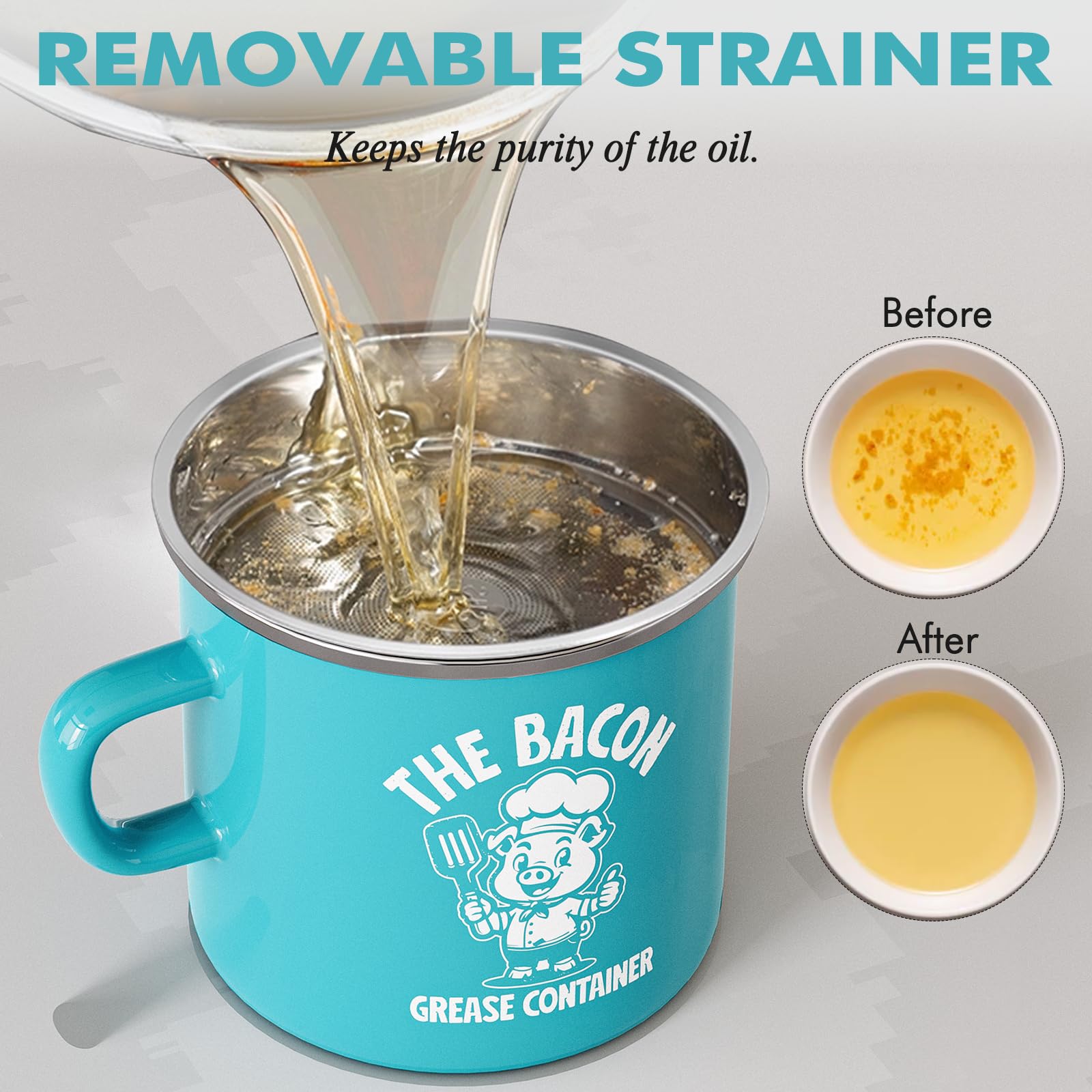 PGYARD Mini Bacon Grease Saver With Strainer - 15OZ Enamel Grease Container, Farmhouse Bacon Grease Keeper For Kitchen Fat Storage, Dishwasher Safe-Red