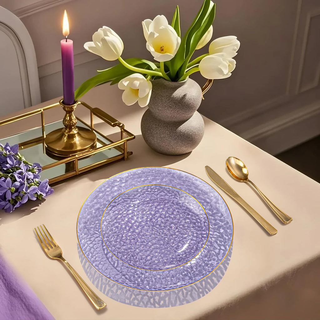 DaYammi 350PCS Clear Gold Plastic Dinnerware Set for 50 Guests, Hammered Disposable Plates for Party, Include: 50 Dinner Plates, 50 Dessert Plates, 150 Gold Silverware, 50 Napkins, 50 Cups