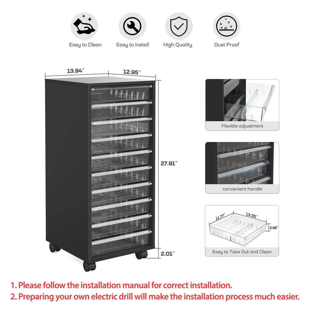 WOPITUES Storage Drawer Cart, Mobile Storage Cabinet, Makeup Storage with 10 Large Clear Drawers, Utility Wooden Rolling Cart on Wheels, for Cosmetic, Art Craft, Office Supplies, Toy, White